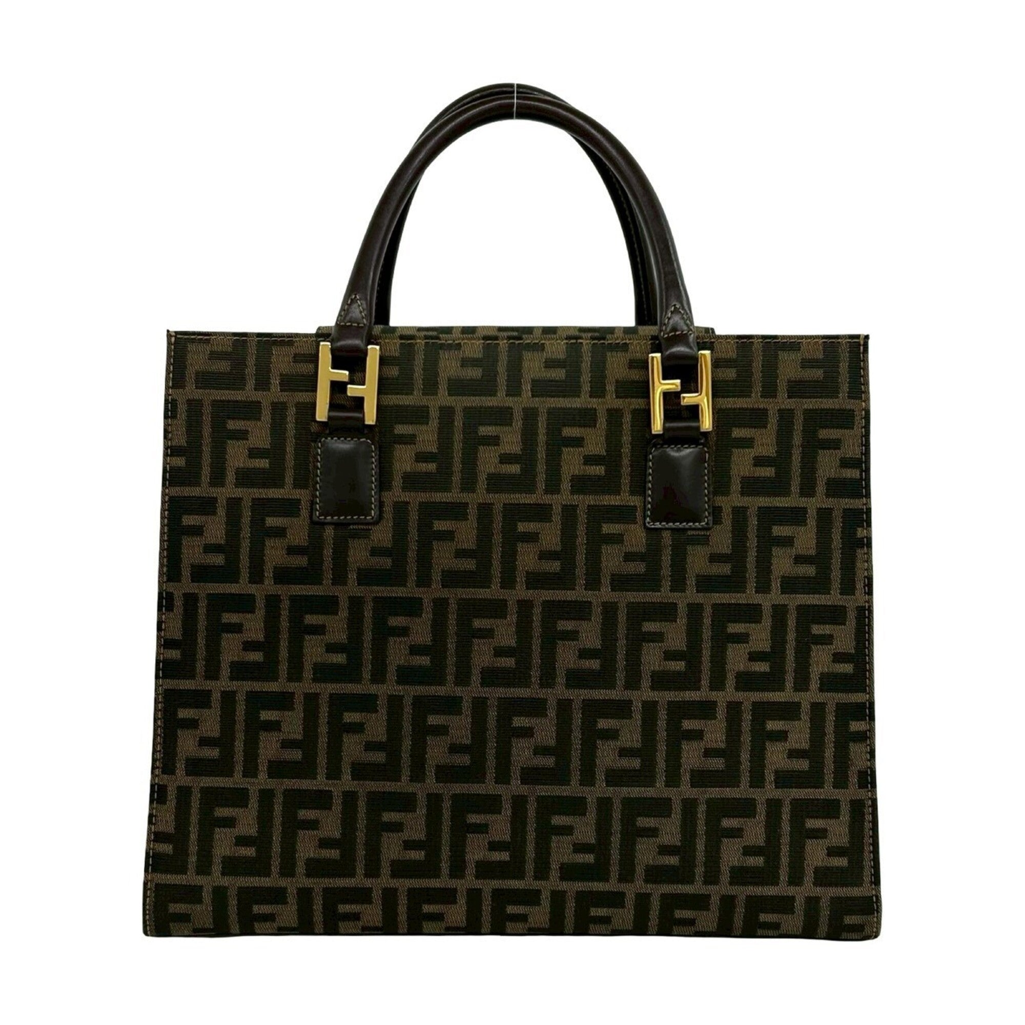 Fendi Black Brown Khaki Canvas Leather Handbag Tote Bag (Pre-Owned)