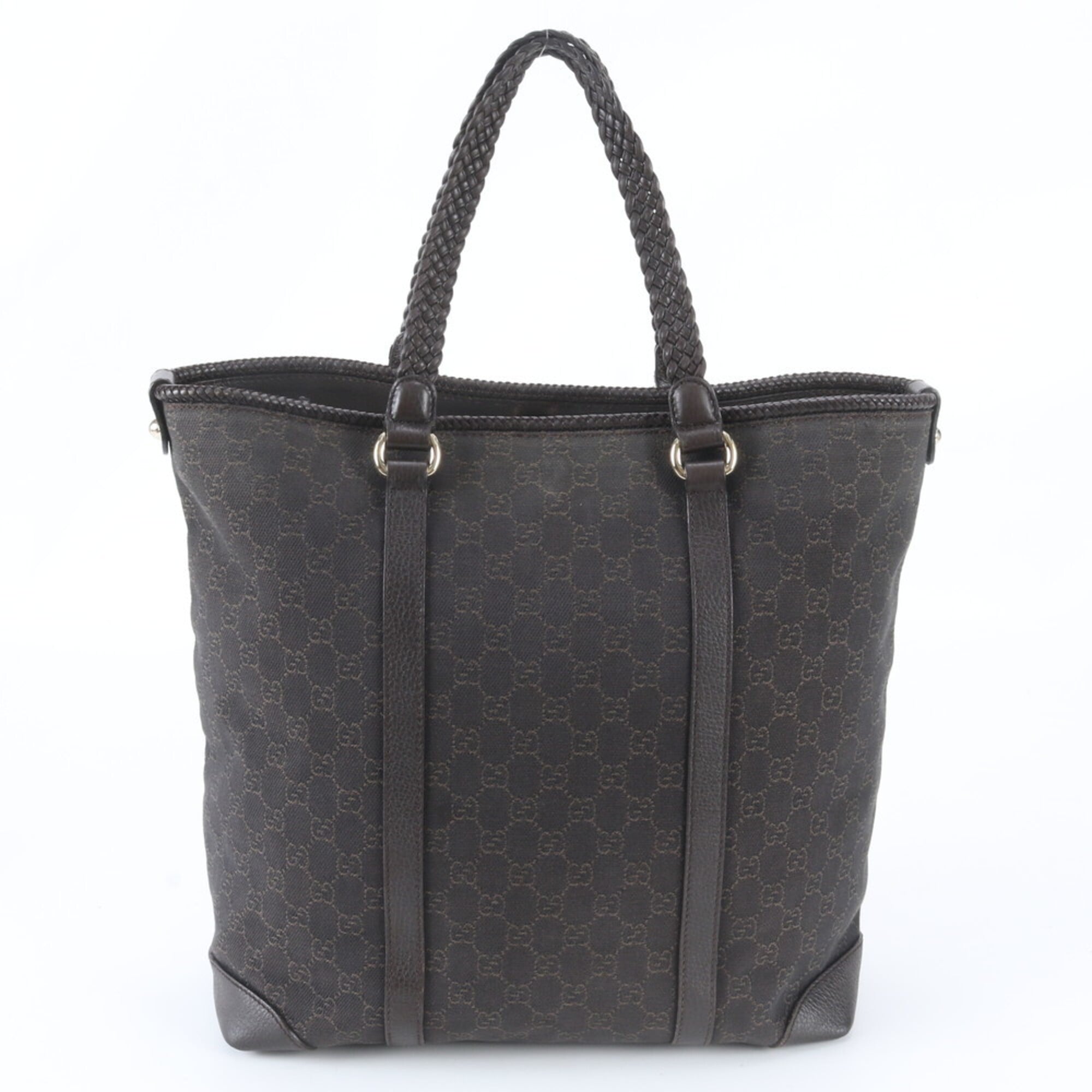 Gucci Dark Brown Leather Canvas Handbag Shoulder Bag Tote Bag (Pre-Owned)