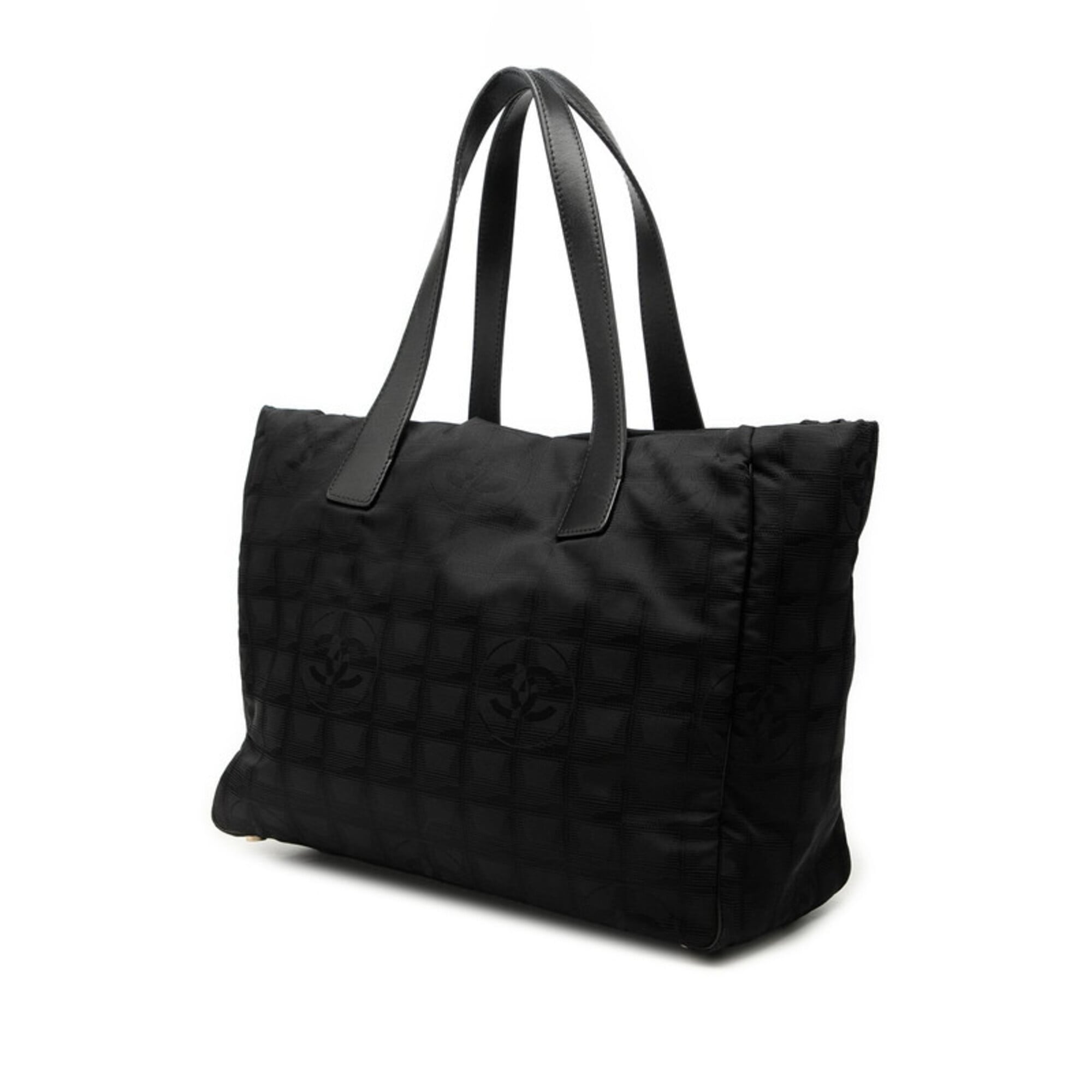 Chanel New Travel Line Black Nylon Leather Handbag Tote Bag (Pre-Owned)
