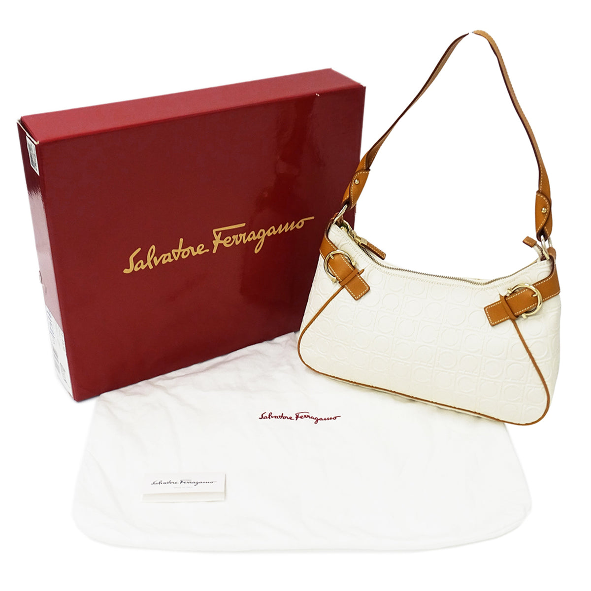Salvatore Ferragamo Brown White Leather Handbag Shoulder Bag (Pre-Owned)