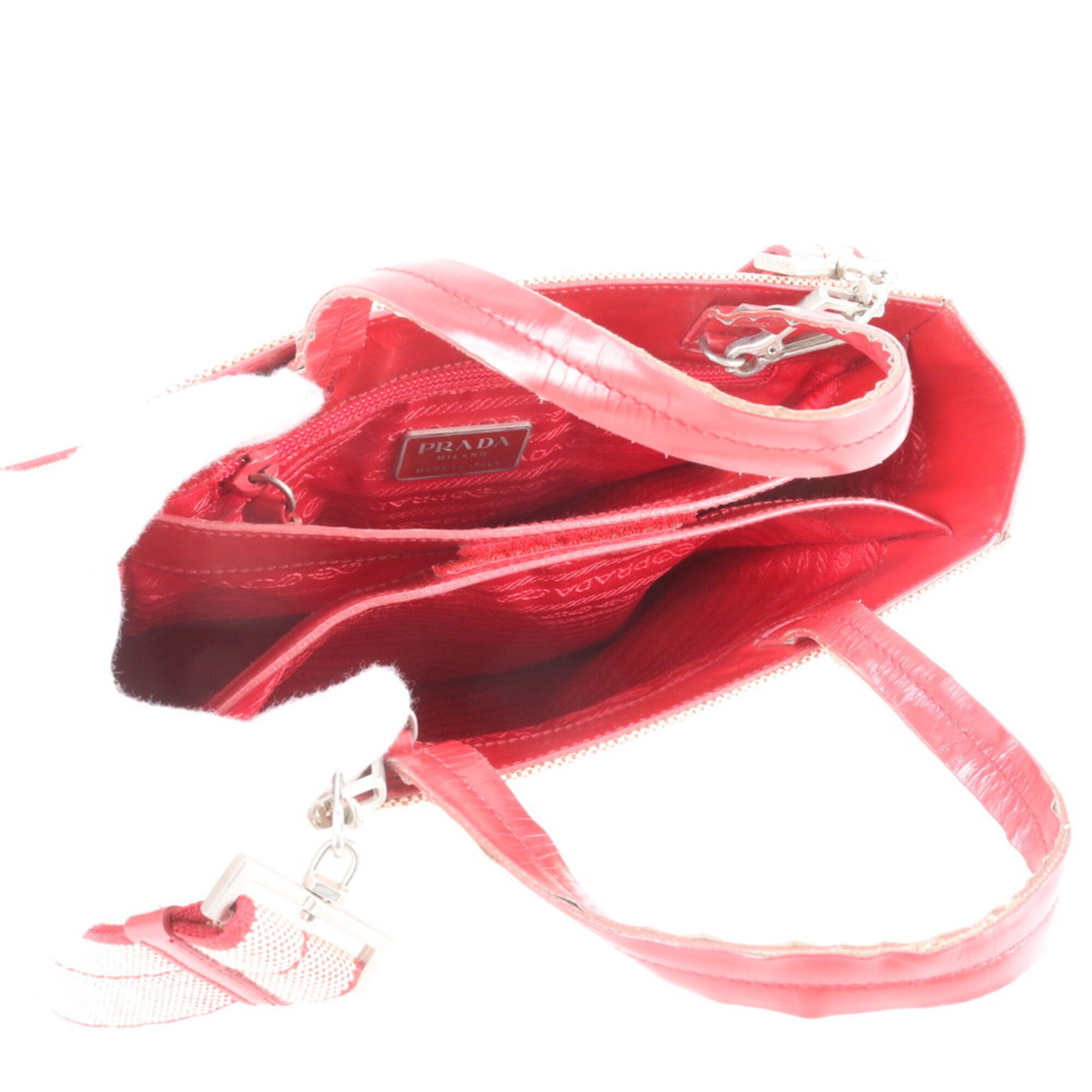 Prada Red Color Leather Canvas Crossbody Bag Handbag Shoulder Bag Tote Bag (Pre-Owned)