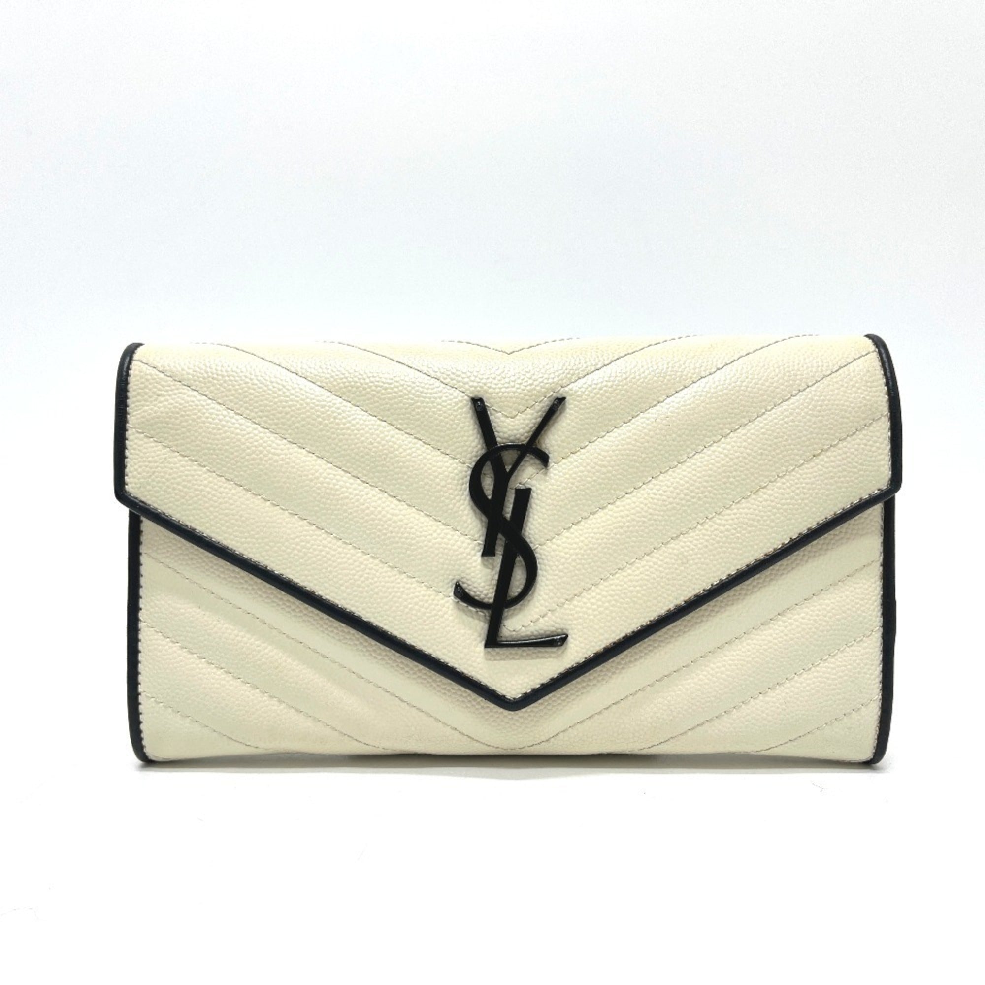 Yves Saint Laurent Black White Leather Long Wallet (Bi-Fold) (Pre-Owned)