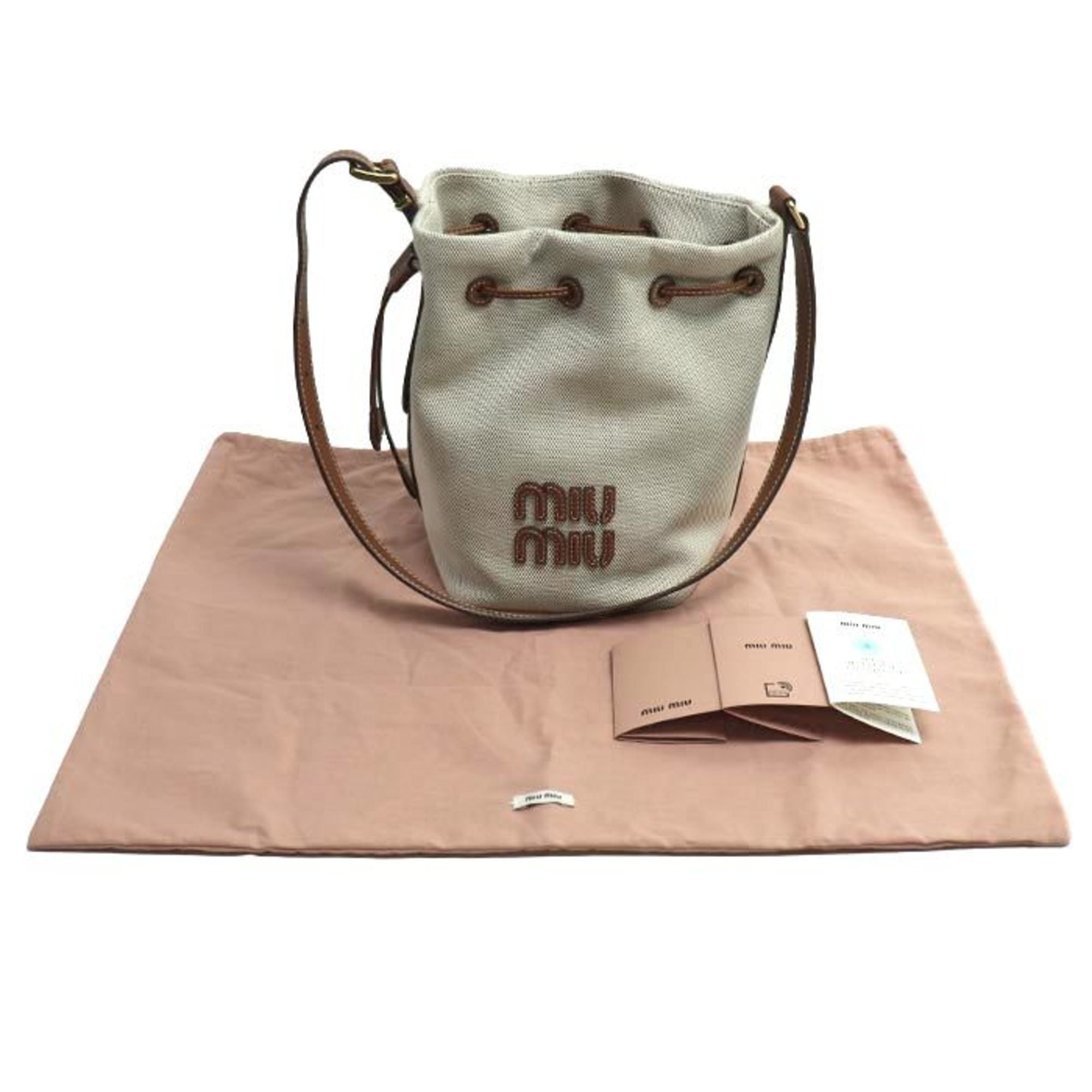 Miu Miu Beige Brown Canvas Leather Baguette Bag Shoulder Bag (Pre-Owned)