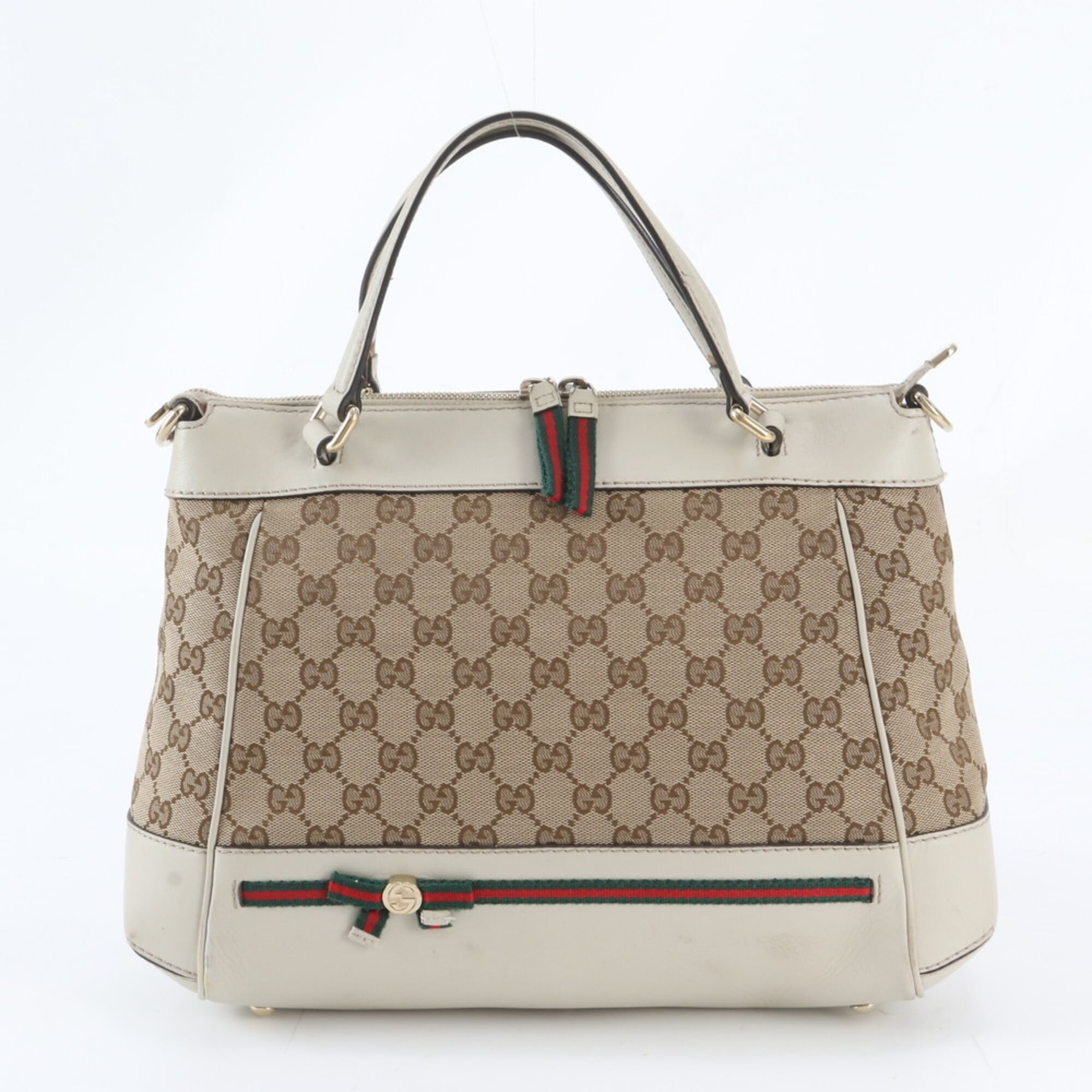 Gucci Beige Leather Canvas Handbag Shoulder Bag Tote Bag (Pre-Owned)