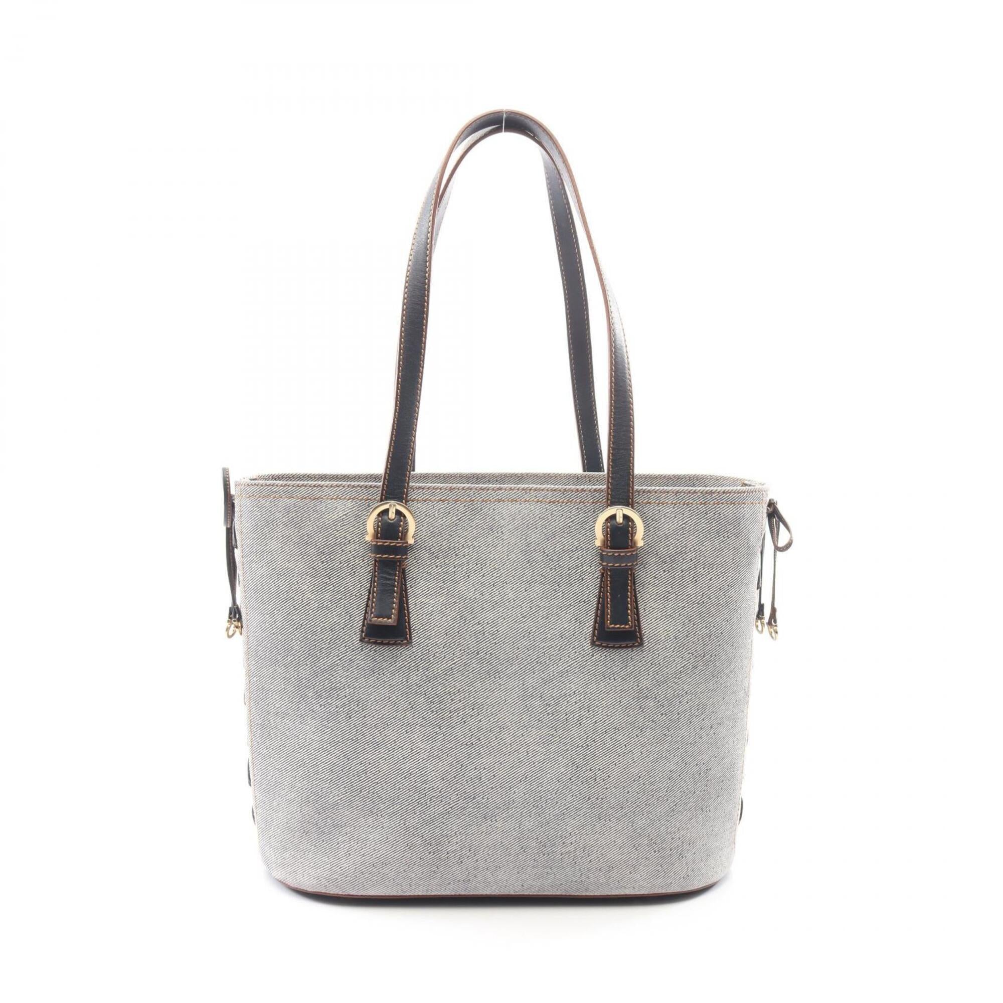 Salvatore Ferragamo Gray Navy Denim Leather Handbag Tote Bag (Pre-Owned)