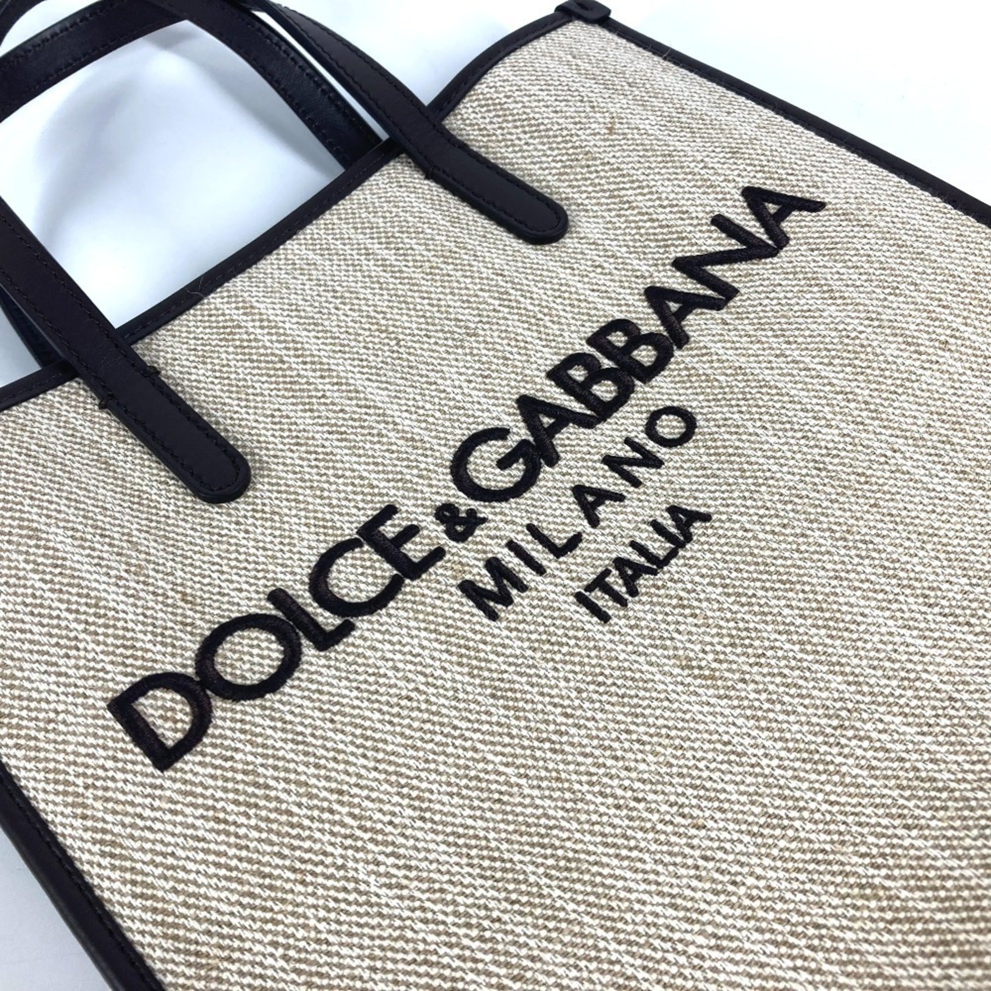 Dolce & Gabbana Beige Brown Canvas Leather Shoulder Bag Tote Bag (Pre-Owned)