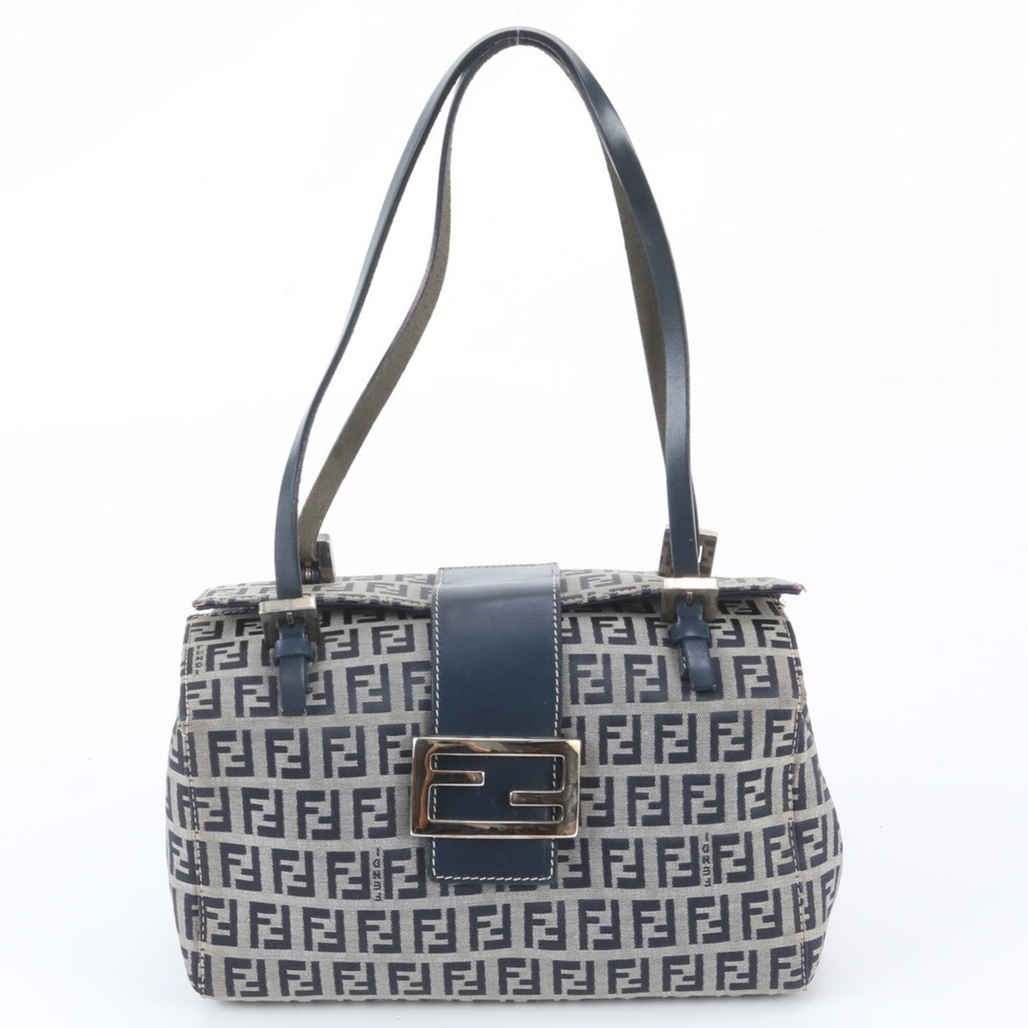 Fendi Gray Navy Leather Canvas Shoulder Bag Tote Bag (Pre-Owned)