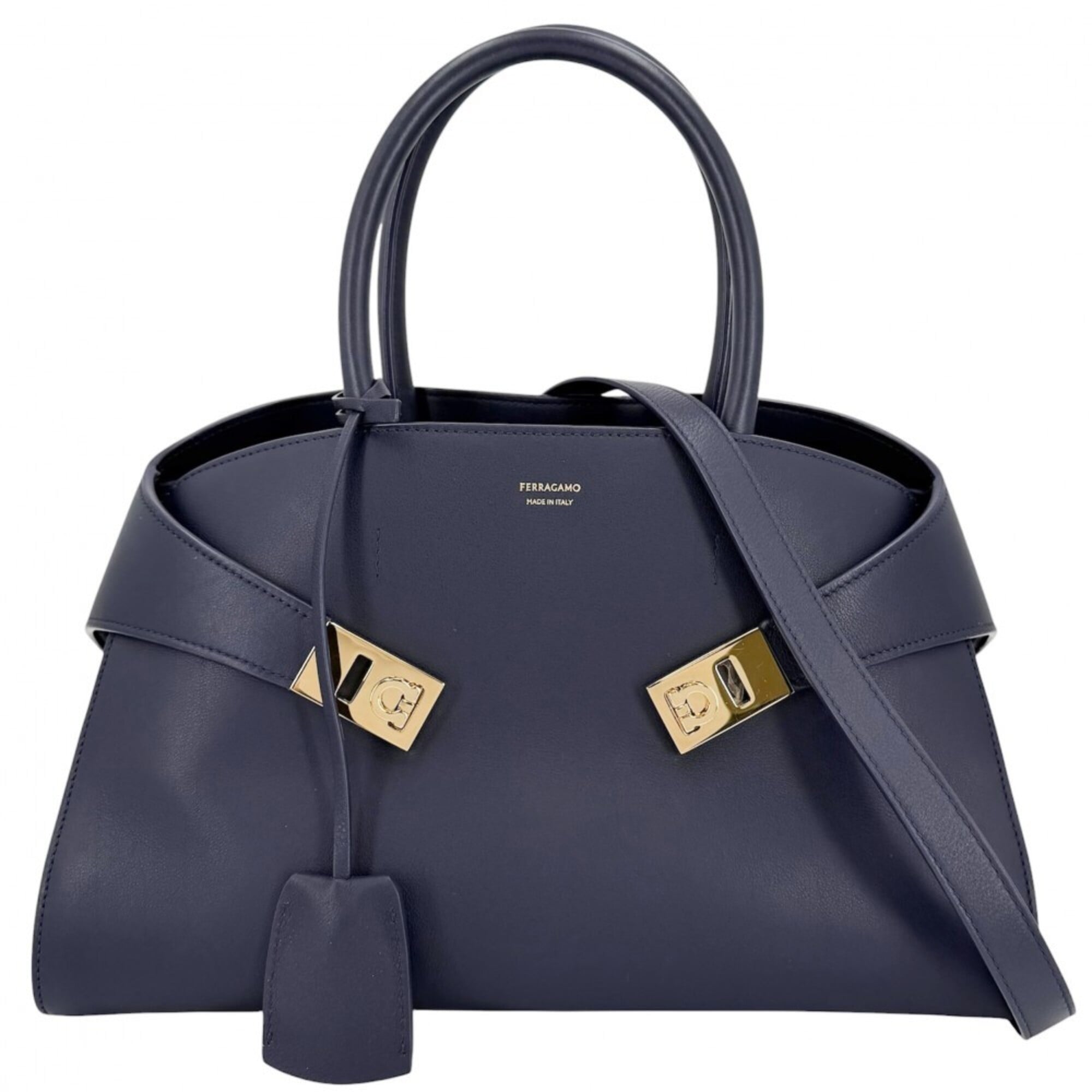 Salvatore Ferragamo Navy White Leather Tote Bag (Pre-Owned)