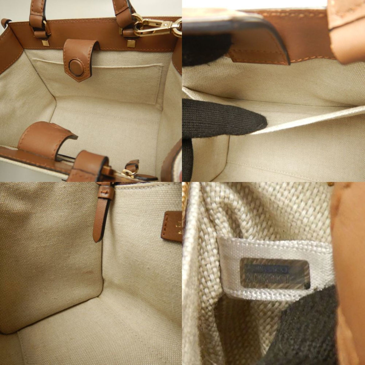 Jimmy Choo Brown Ivory Cotton Canvas Leather Tote Bag (Pre-Owned)
