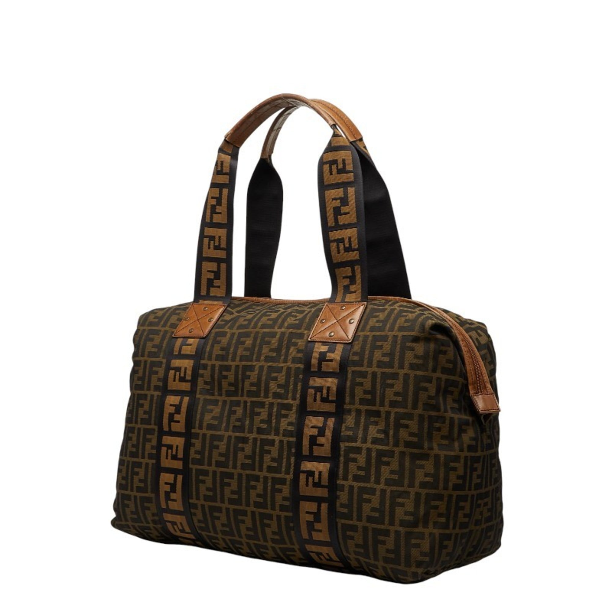 Fendi Brown Canvas Leather Boston Bag Shoulder Bag Tote Bag (Pre-Owned)