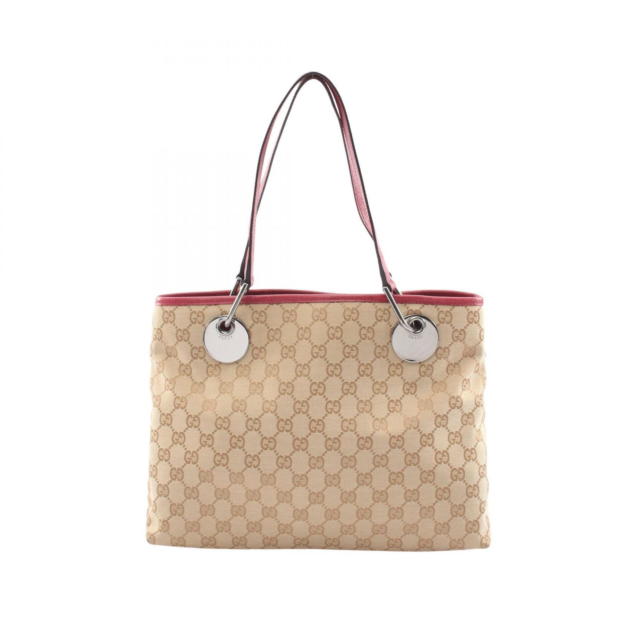 Gucci Beige Bordeaux Canvas Leather Handbag Tote Bag (Pre-Owned)