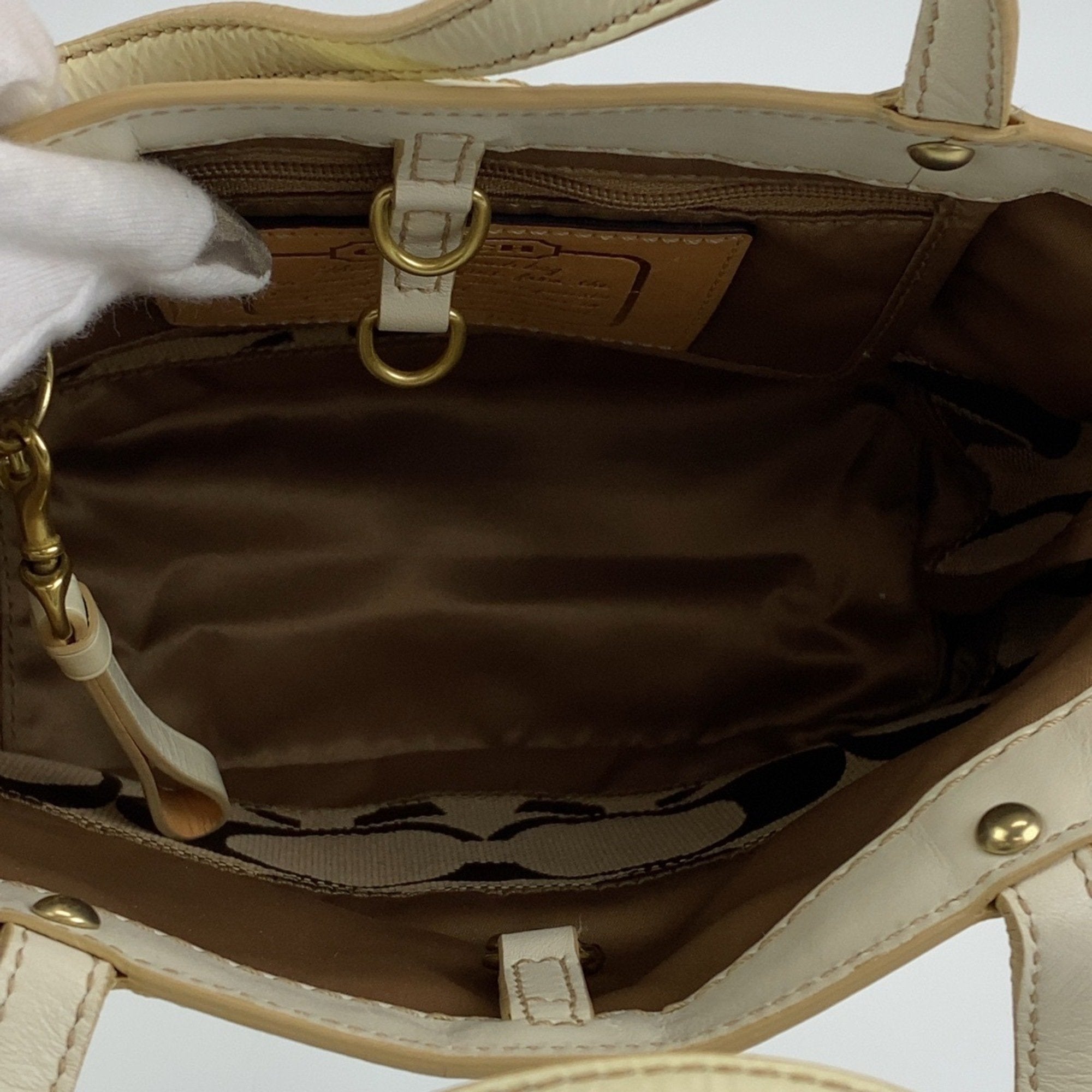 Coach Beige White Leather Canvas Handbag Tote Bag (Pre-Owned)