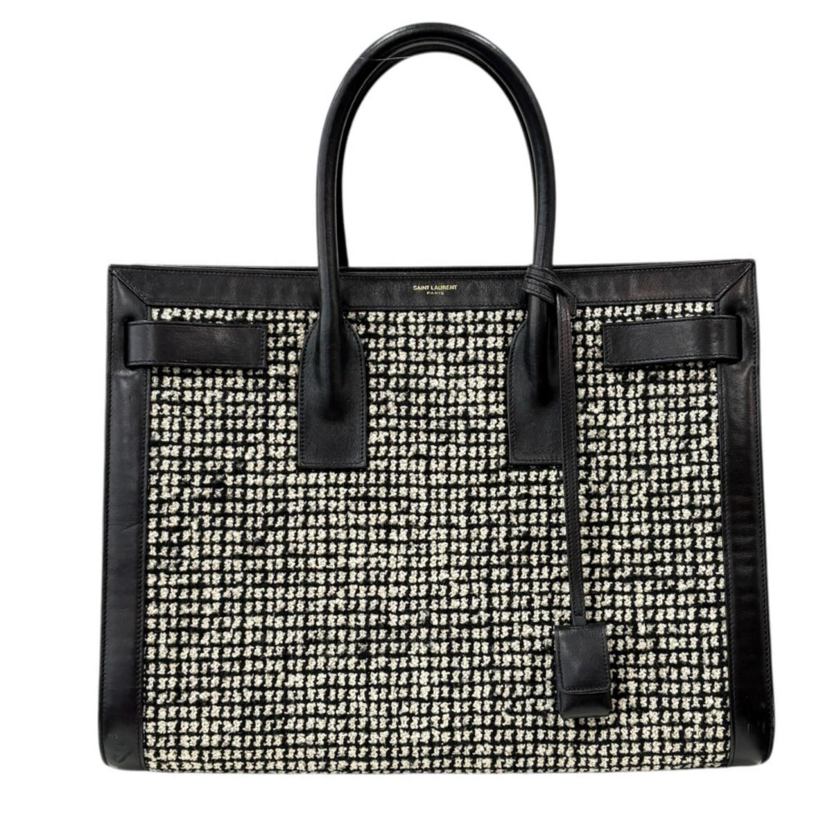 Saint Laurent Black White Canvas Leather Tote Bag (Pre-Owned)