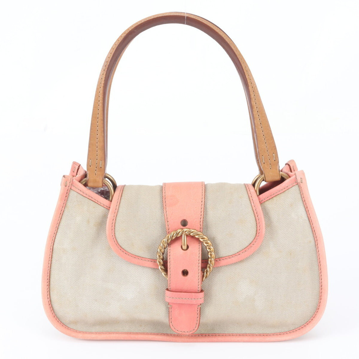 Miu Miu Beige Pink Leather Canvas Handbag Shoulder Bag Tote Bag (Pre-Owned)