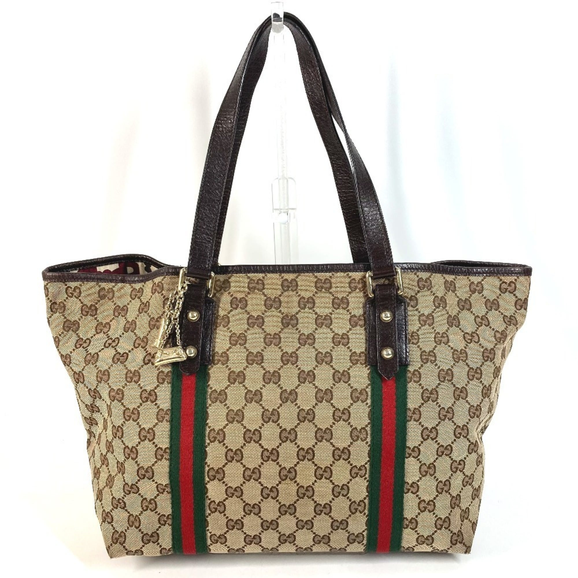 Gucci Sherry Line Beige Dark Brown Gg Canvas Leather Shoulder Bag Tote Bag (Pre-Owned)