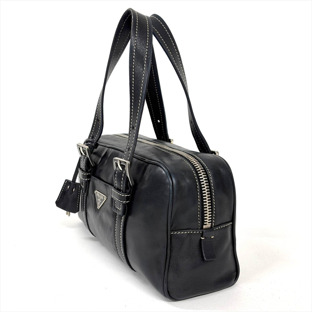 Prada Black Leather Boston Bag Handbag (Pre-Owned)