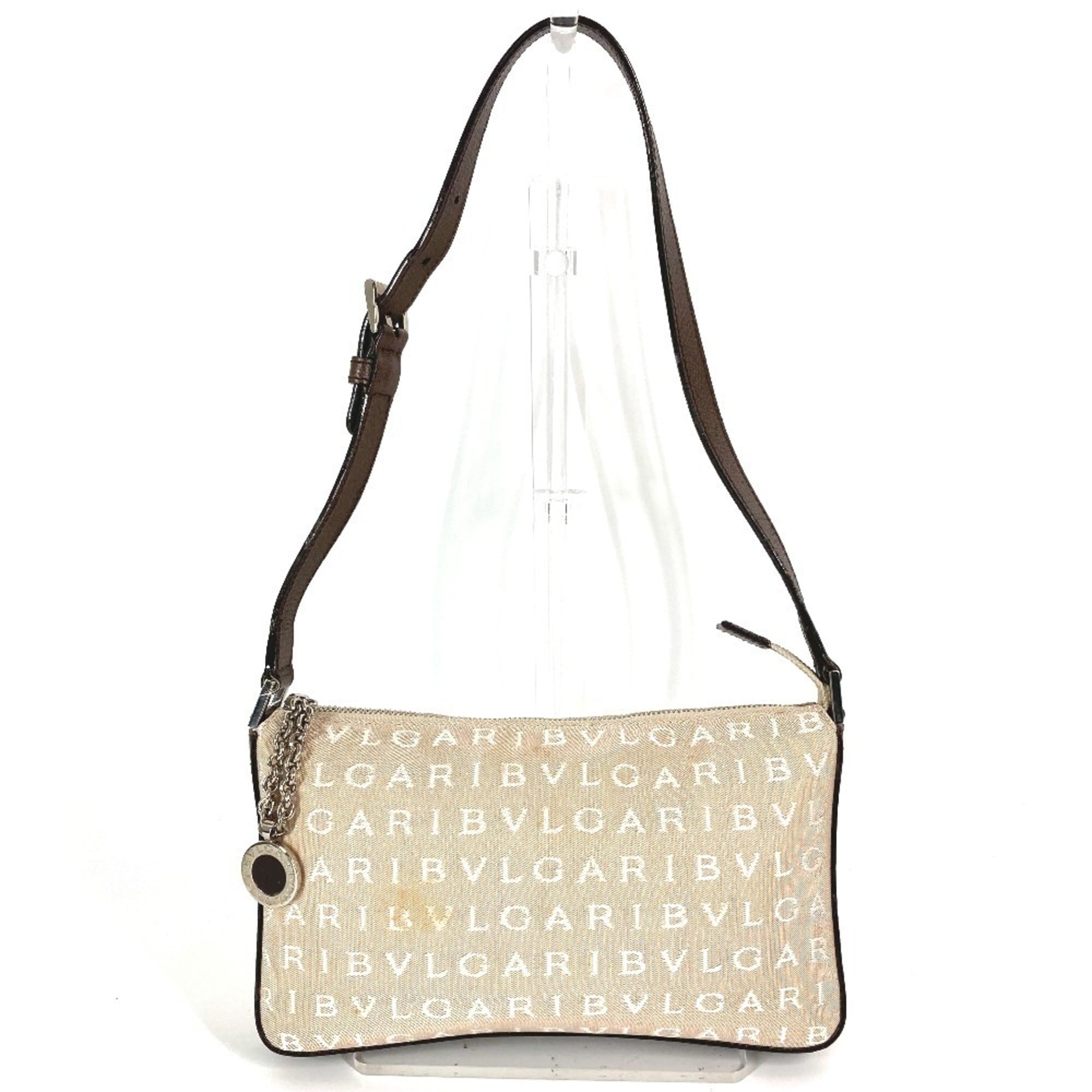 Bvlgari Logomania Beige Brown Canvas Leather Shoulder Bag (Pre-Owned)