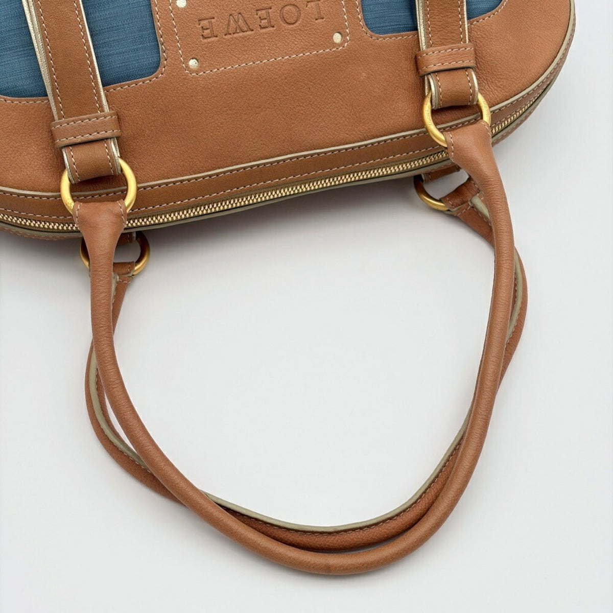 Loewe Beige Blue Nylon Leather Boston Bag Tote Bag (Pre-Owned)