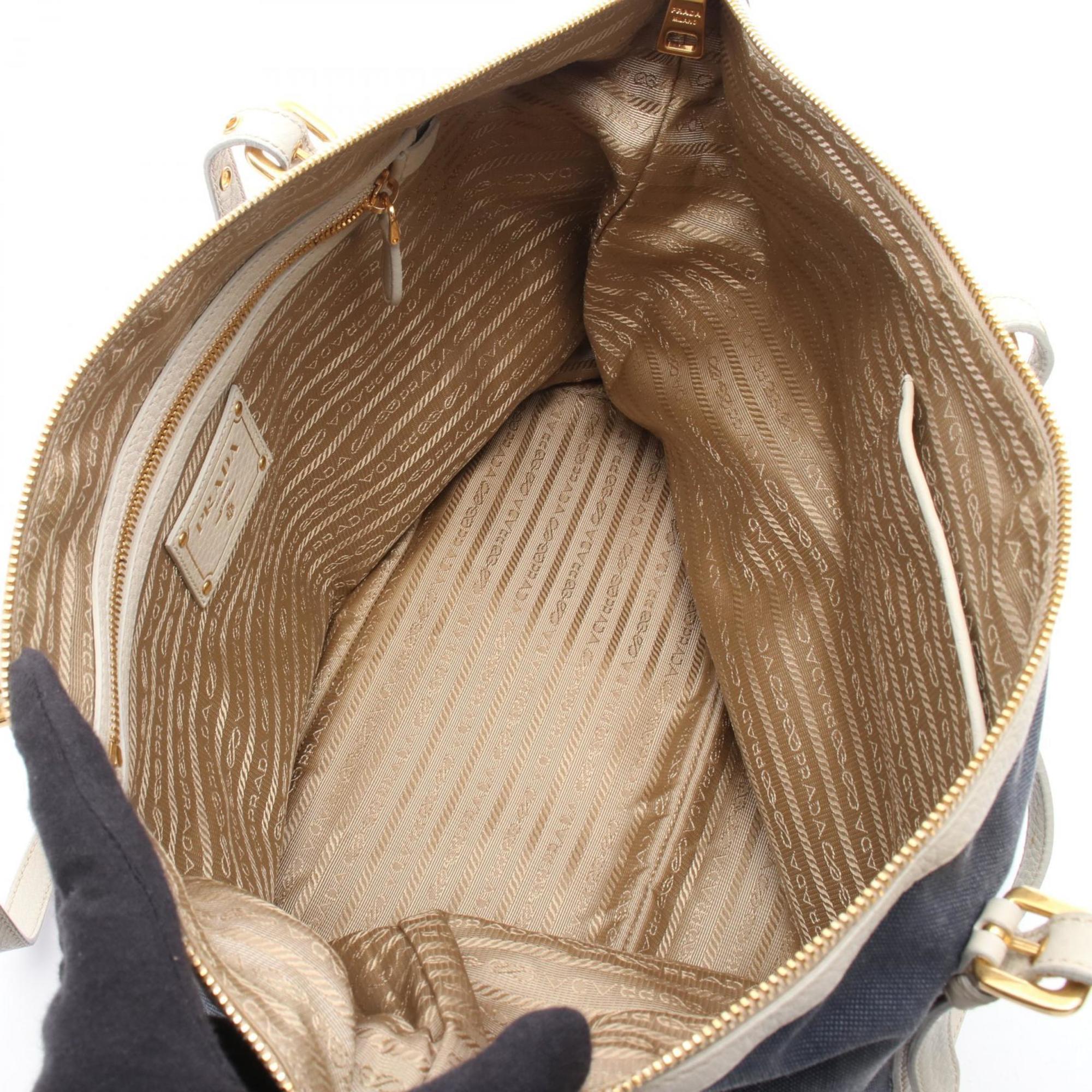 Prada Navy White Canvas Leather Tote Bag (Pre-Owned)