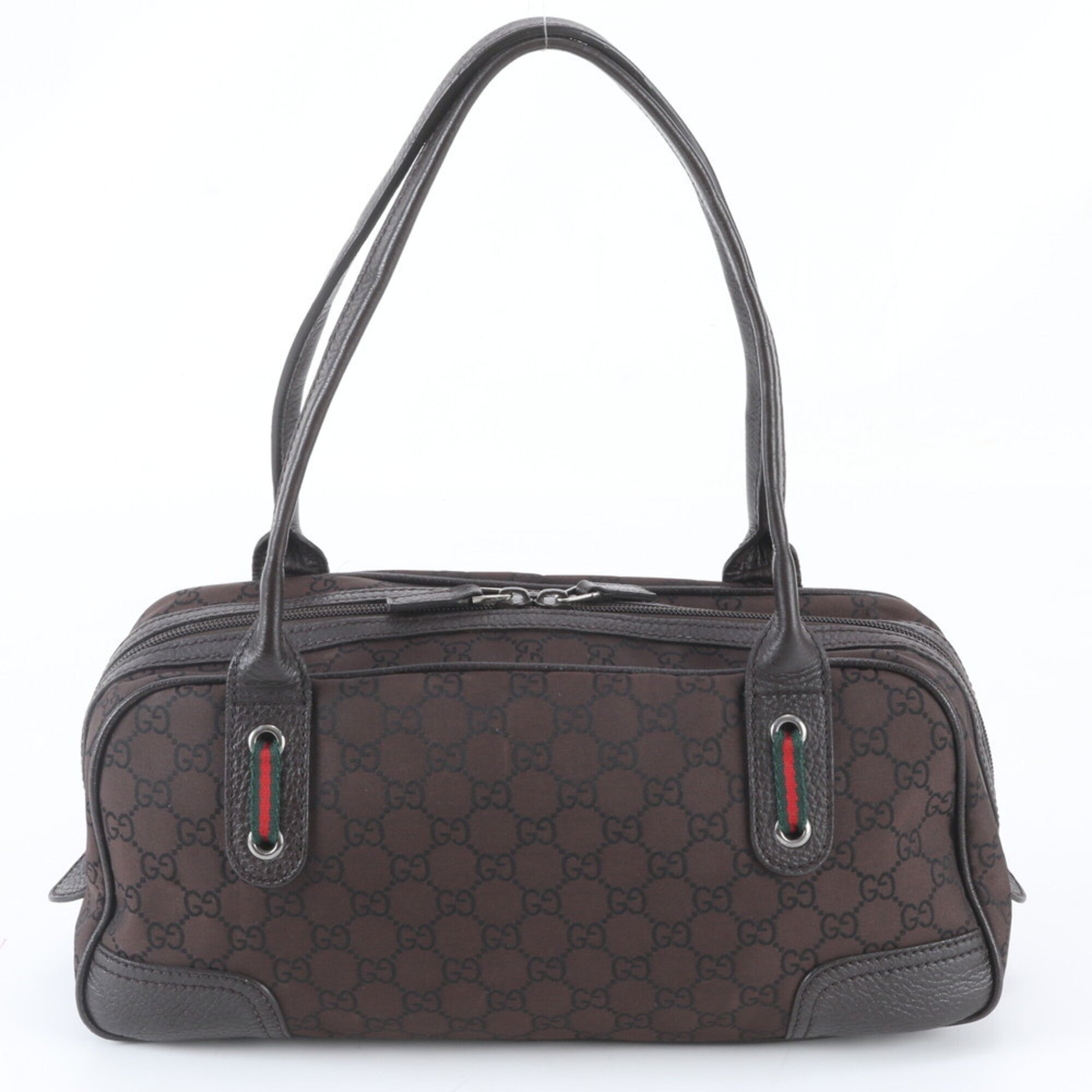 Gucci Sherry Line Dark Brown Nylon Leather Handbag Tote Bag (Pre-Owned)