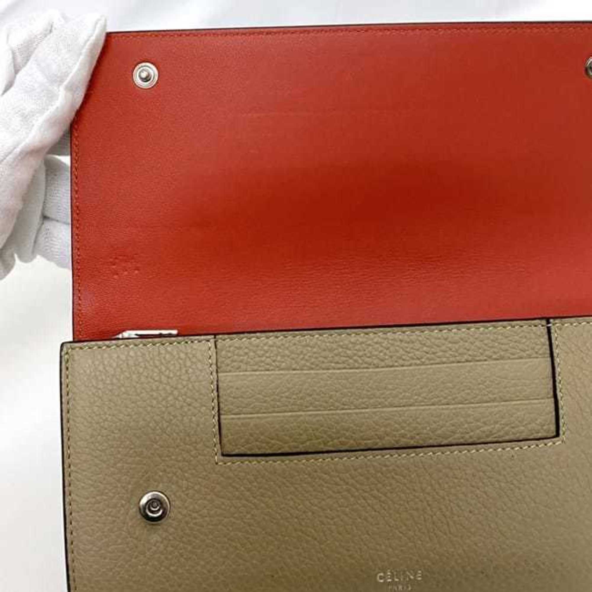Celine Beige Red Color Leather Long Wallet (Bi-Fold) (Pre-Owned)
