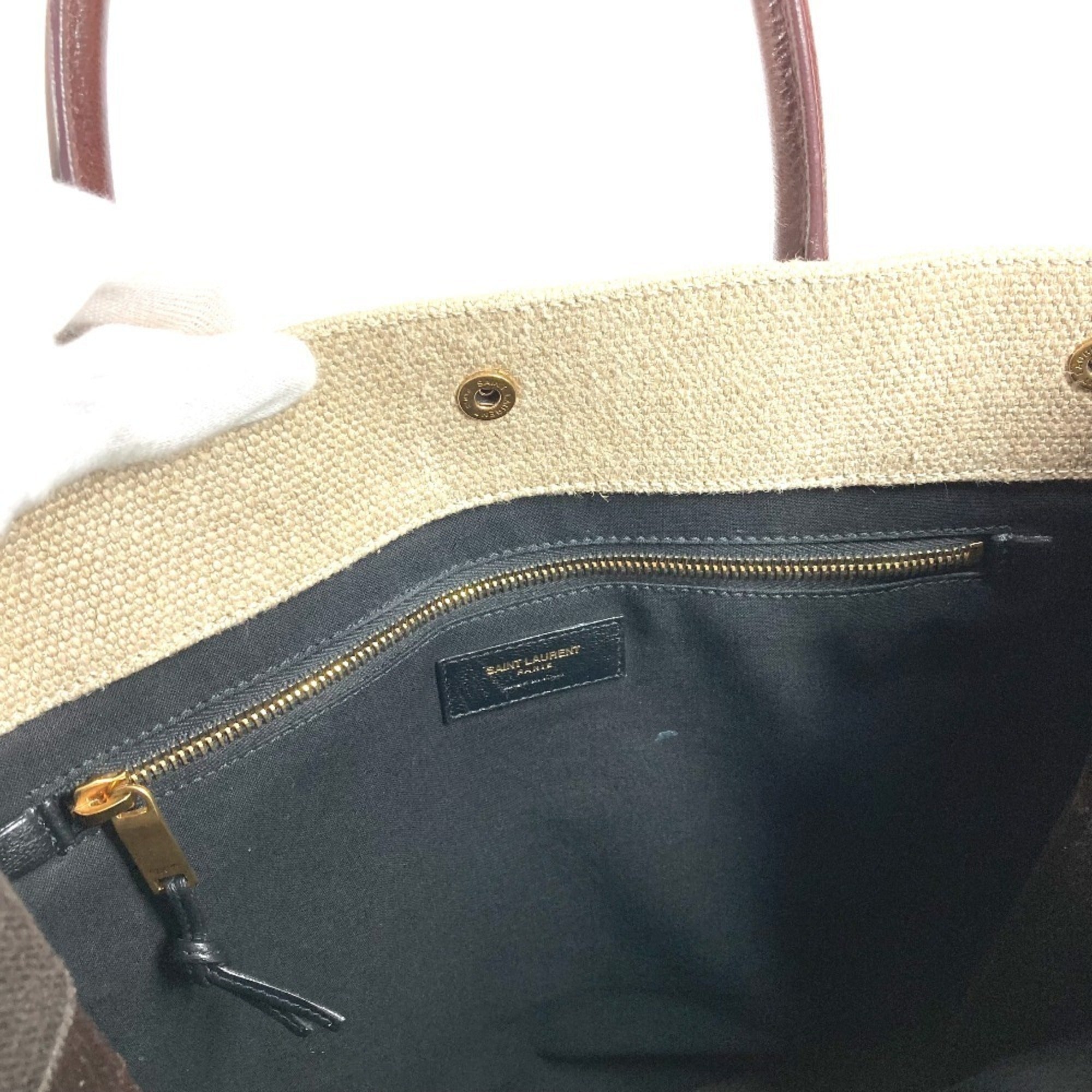 Yves Saint Laurent Beige Brown Linen Leather Handbag Shoulder Bag Tote Bag (Pre-Owned)