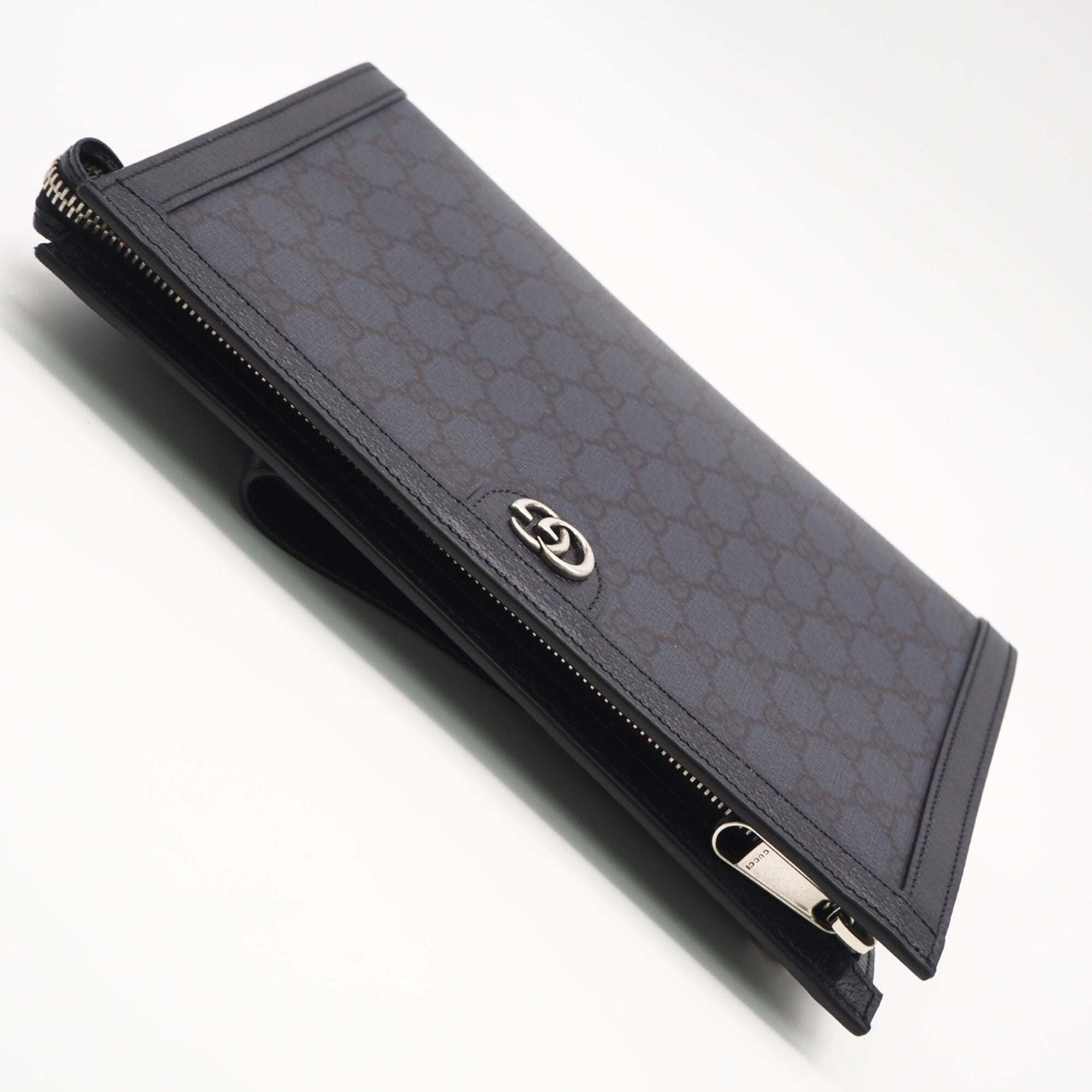 Gucci Navy Coated Canvas Leather Clutch Bag (Pre-Owned)