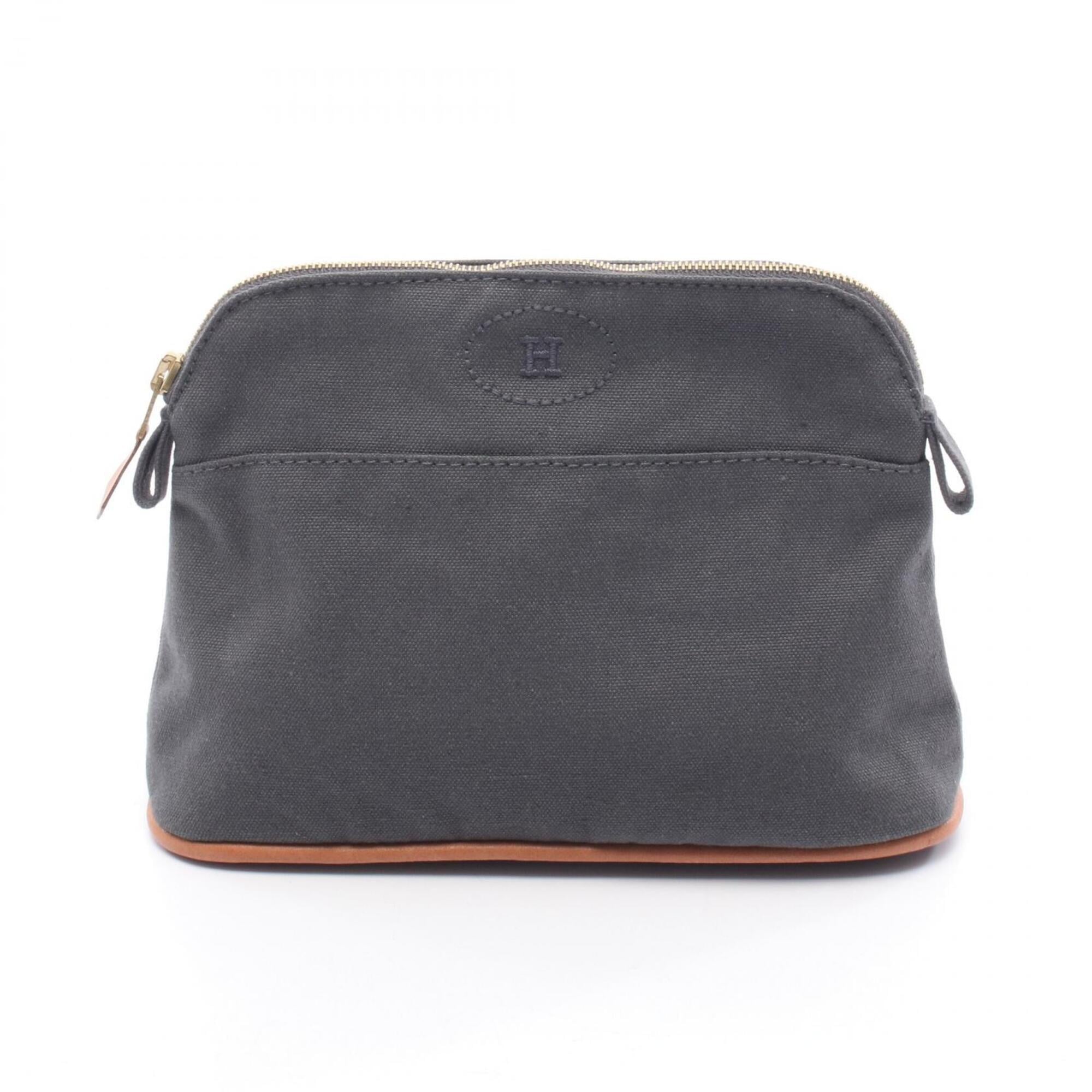 Hermes Brown Gray Canvas Leather Handbag Pouch (Pre-Owned)