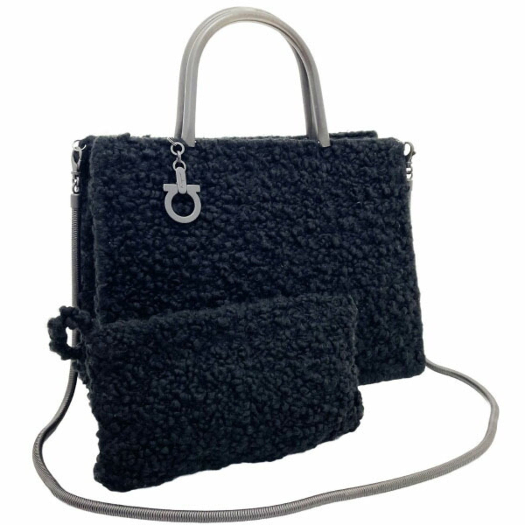 Salvatore Ferragamo Gancini Black Wool Metal Handbag Shoulder Bag Tote Bag (Pre-Owned)