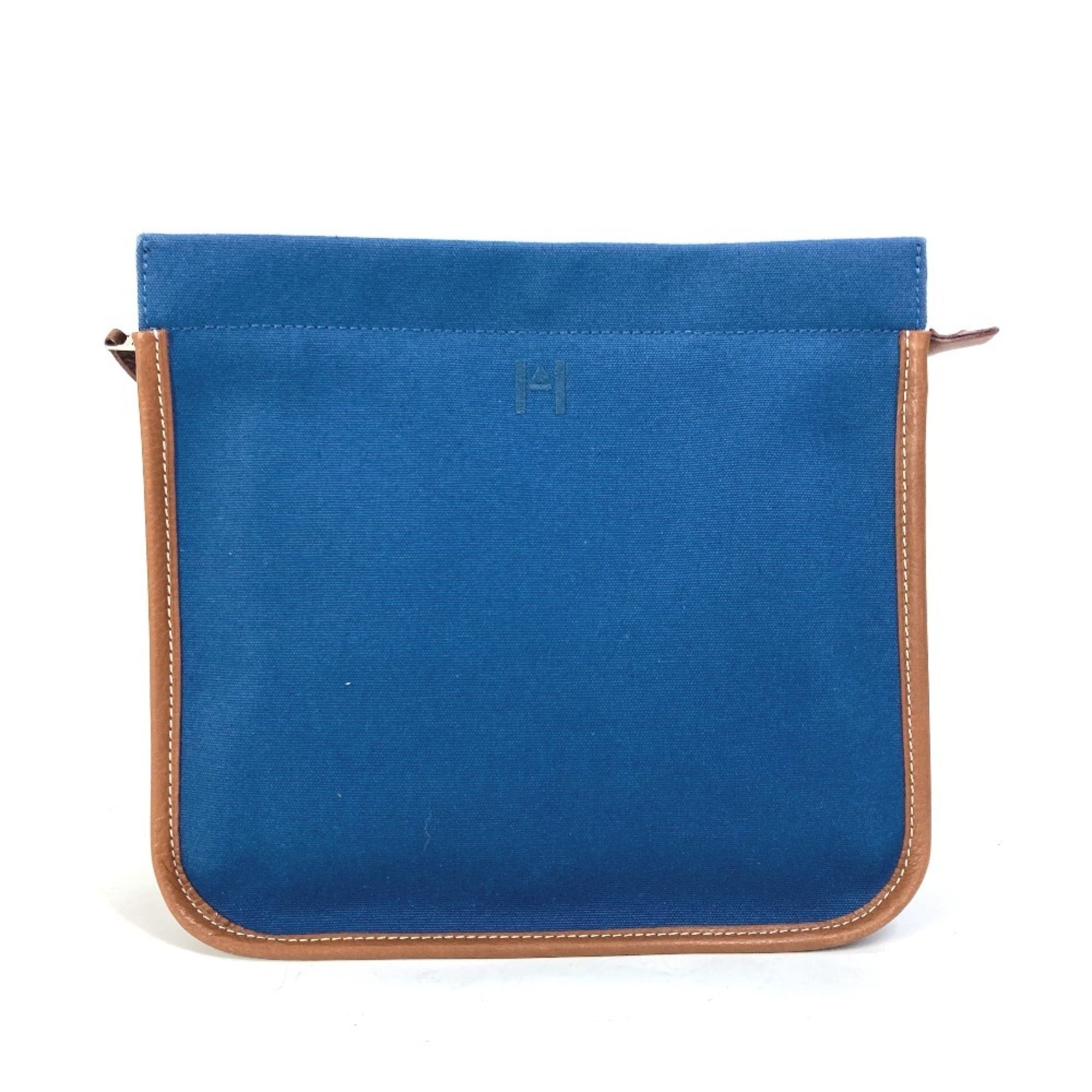 Hermes Brown Navy Canvas Leather Clutch Bag Pouch (Pre-Owned)