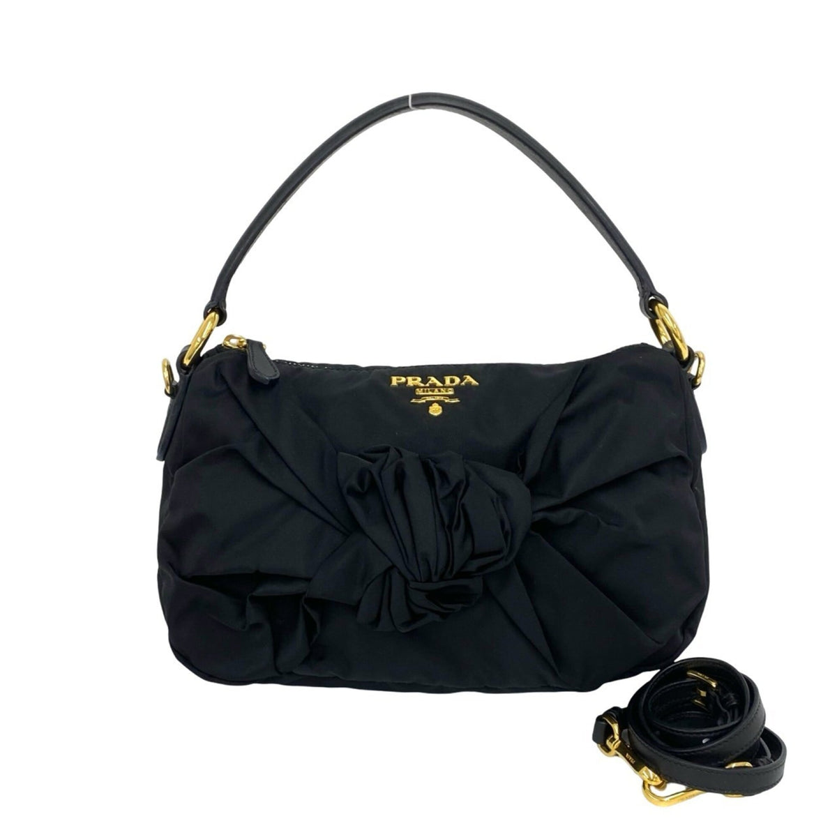 Prada Black Nylon Leather Handbag Shoulder Bag (Pre-Owned)