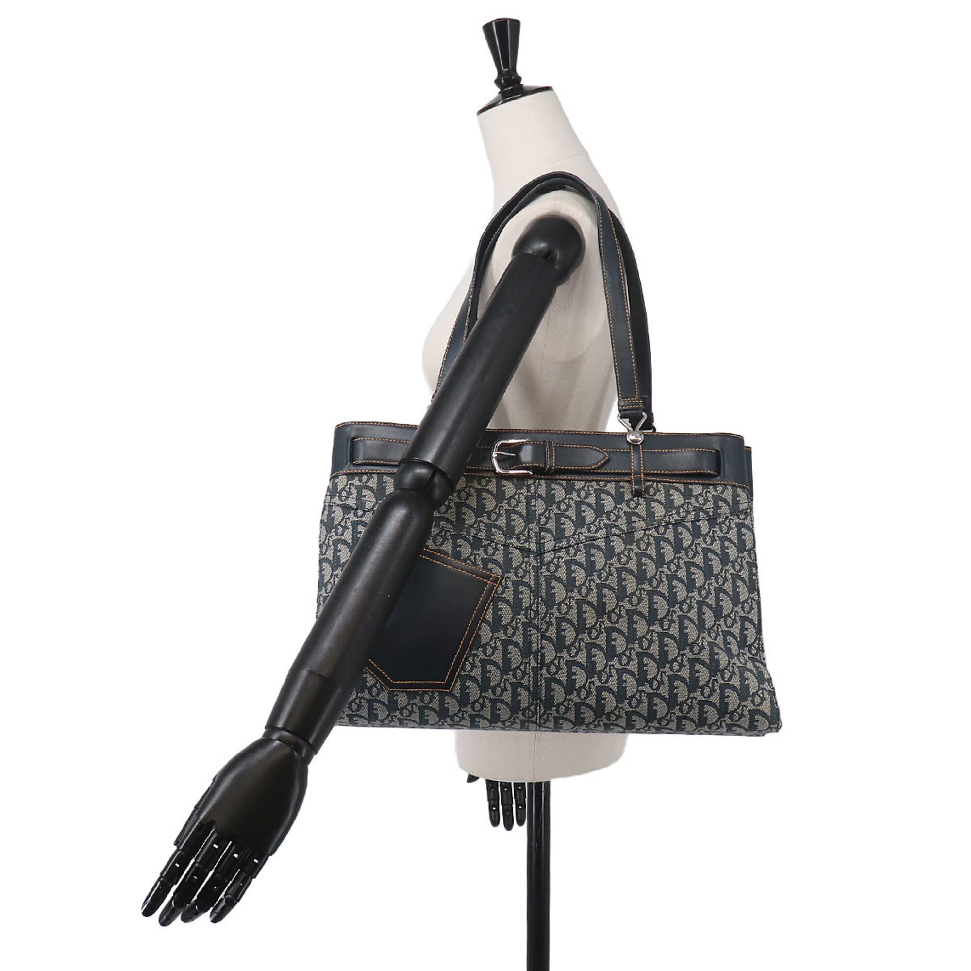 Christian Dior Navy Leather Canvas Handbag Tote Bag (Pre-Owned)