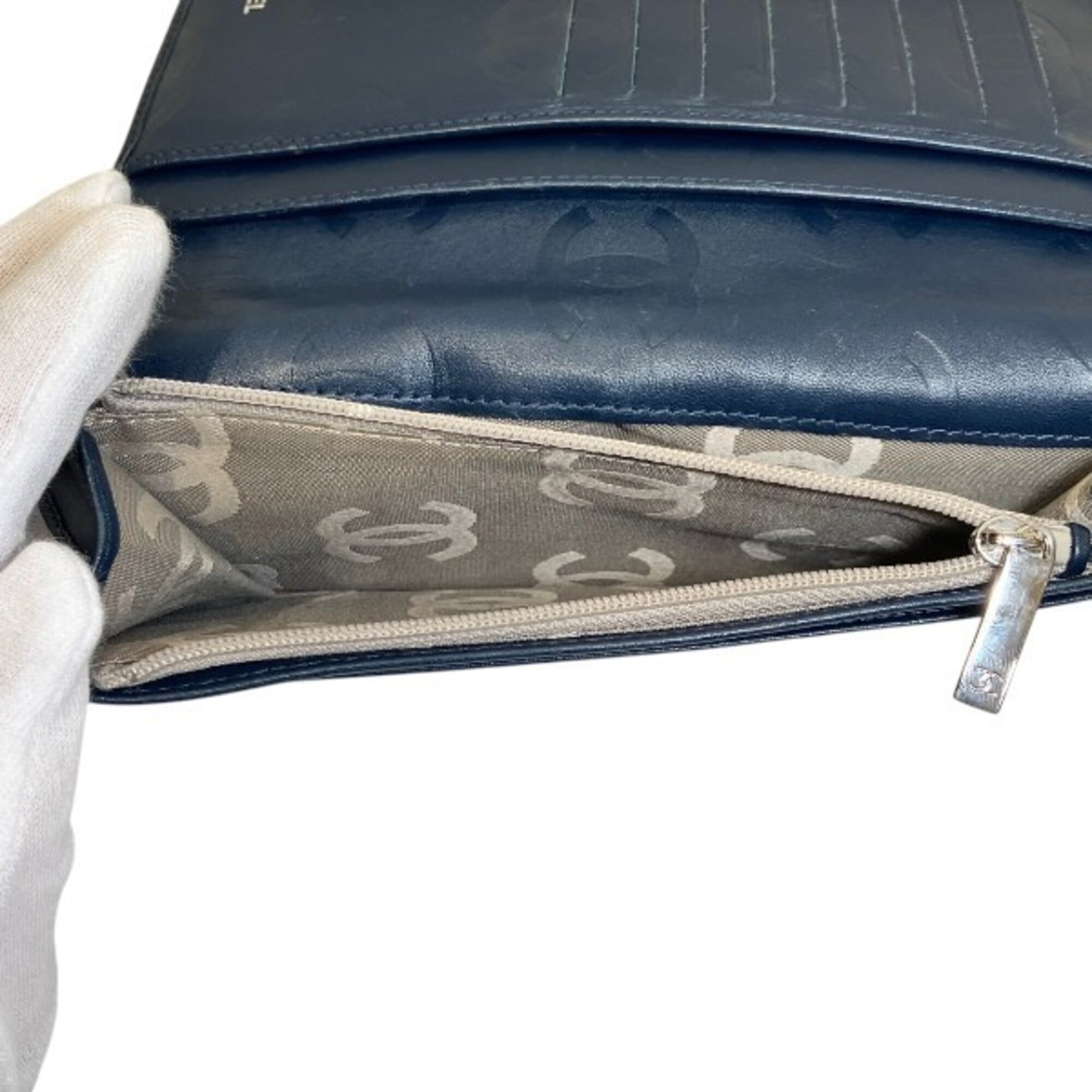 Chanel Navy Leather Long Wallet (Bi-Fold) (Pre-Owned)