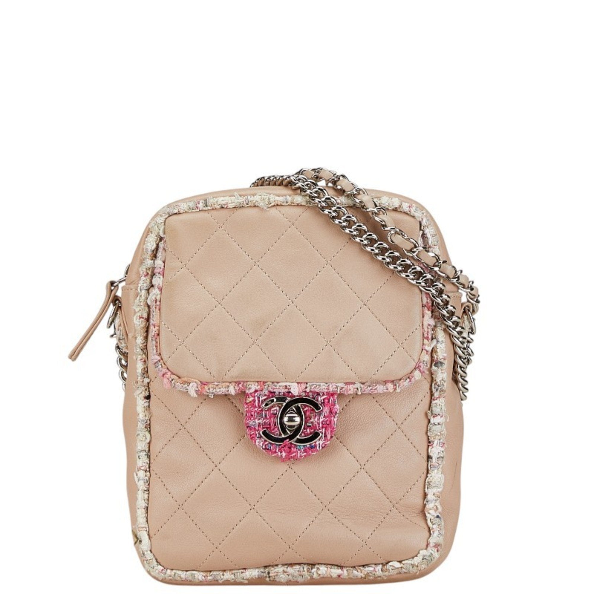Chanel Pink Tweed Leather Handbag Shoulder Bag (Pre-Owned)