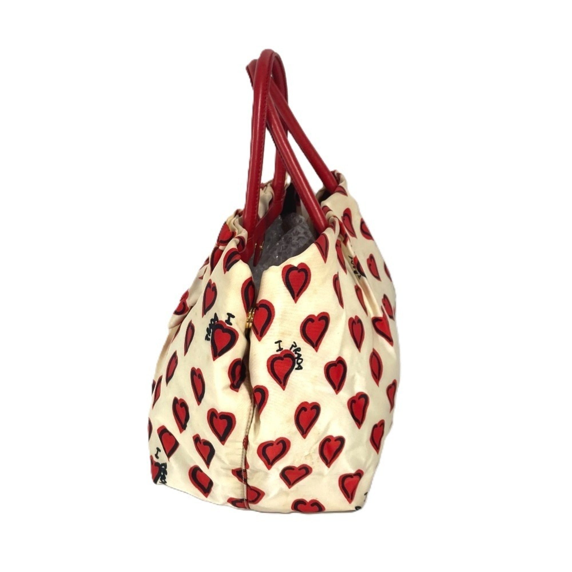 Prada Red Color White Leather Nylon Handbag Tote Bag (Pre-Owned)