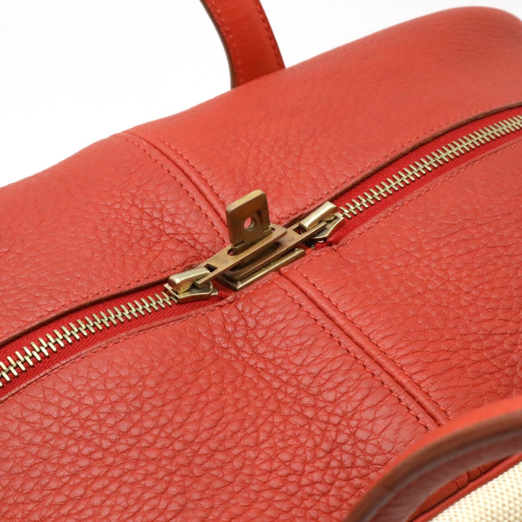 Hermes Beige Red Color Toile H Leather Boston Bag Handbag (Pre-Owned)