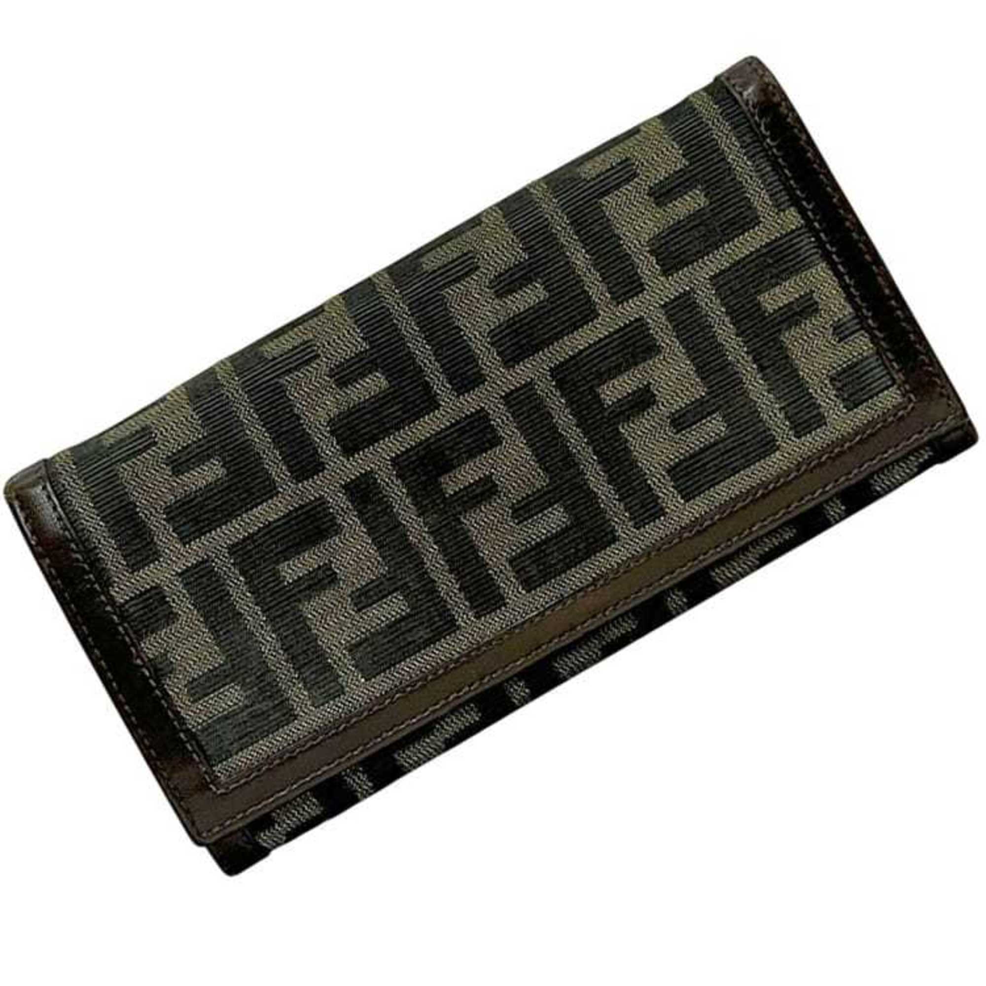 Fendi Brown Green Khaki Canvas Leather Long Wallet (Bi-Fold) (Pre-Owned)