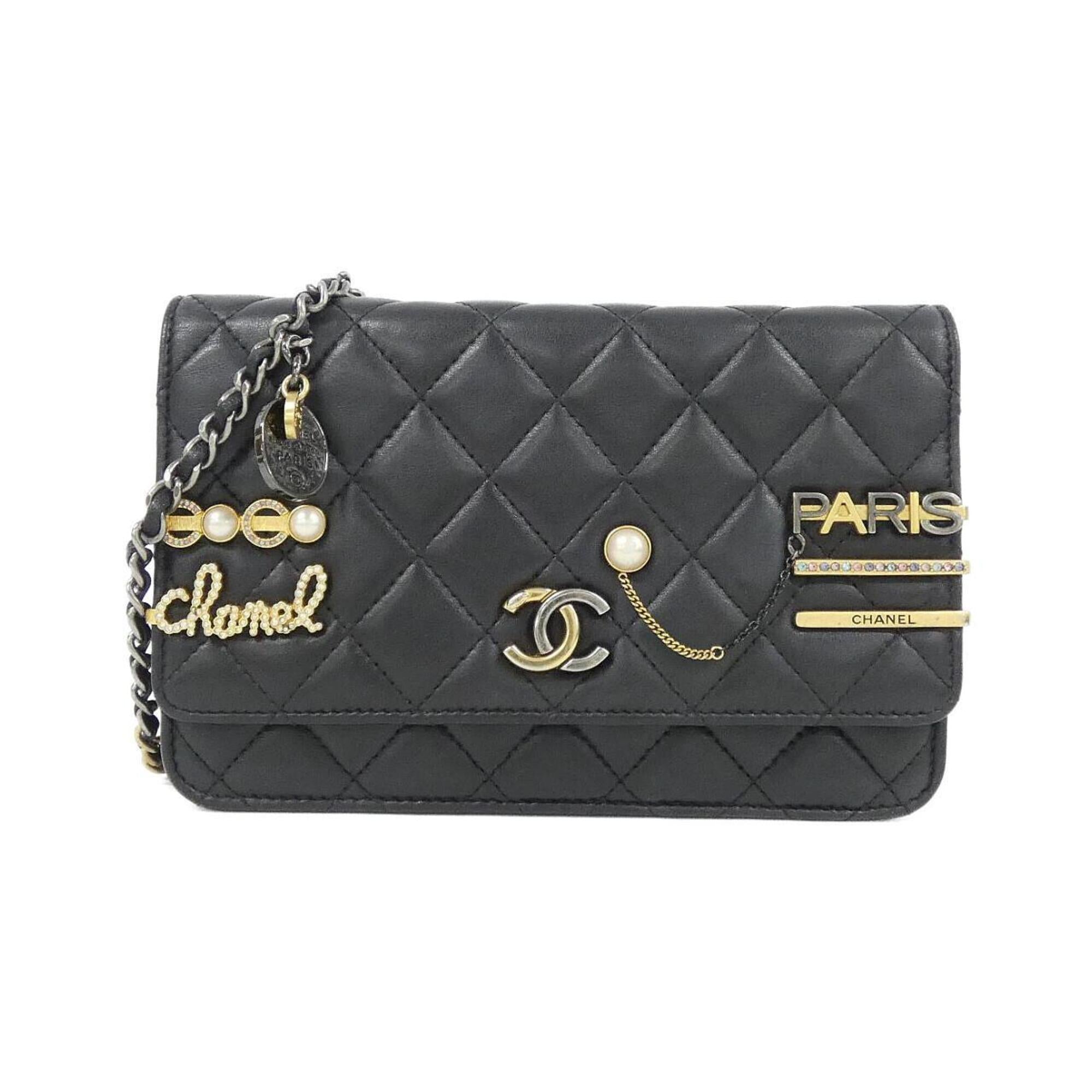 Chanel Black Artificial Pearl Leather Chain/Shoulder Wallet (Pre-Owned)