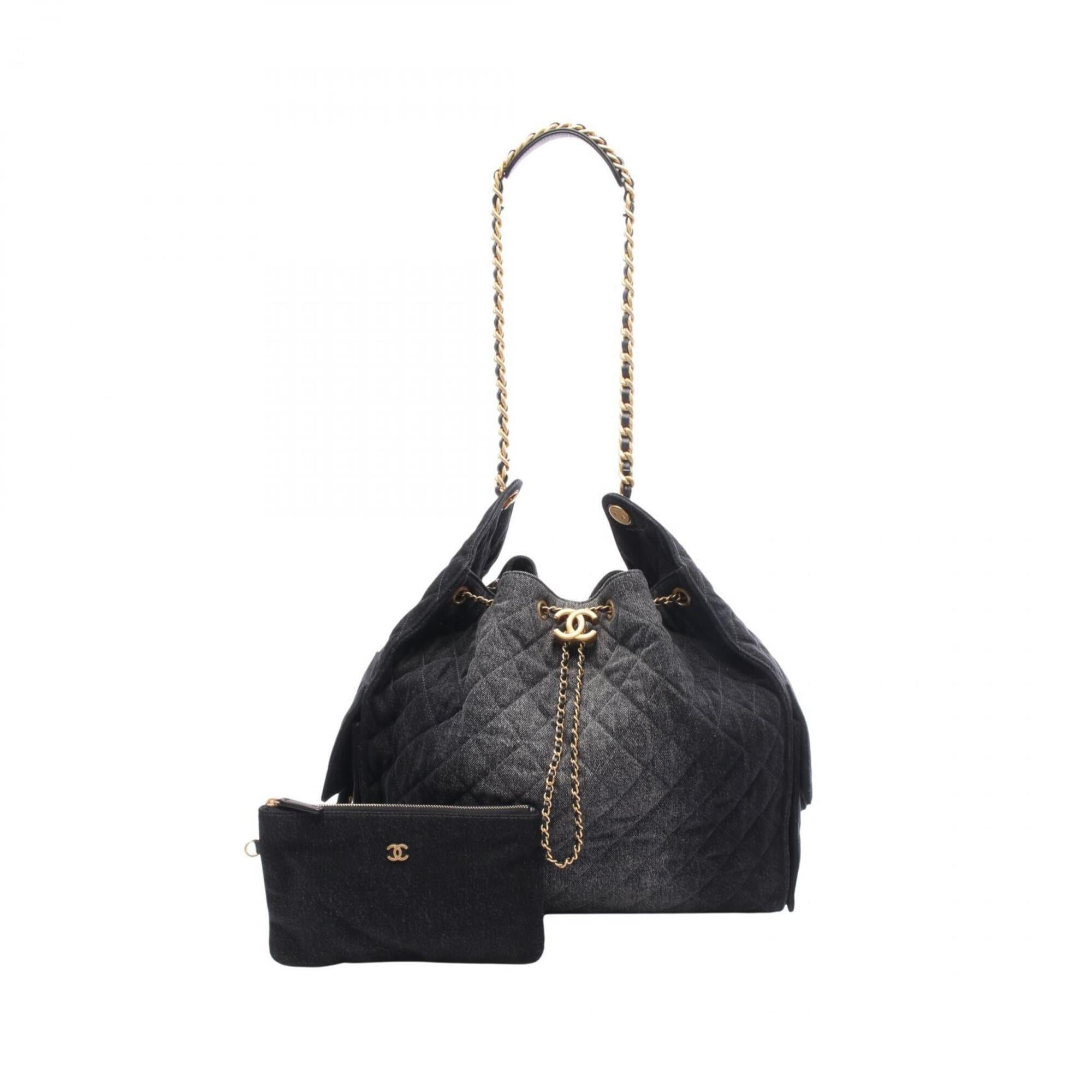 Chanel Black Denim Leather Handbag Shopping Bag Shoulder Bag (Pre-Owned)