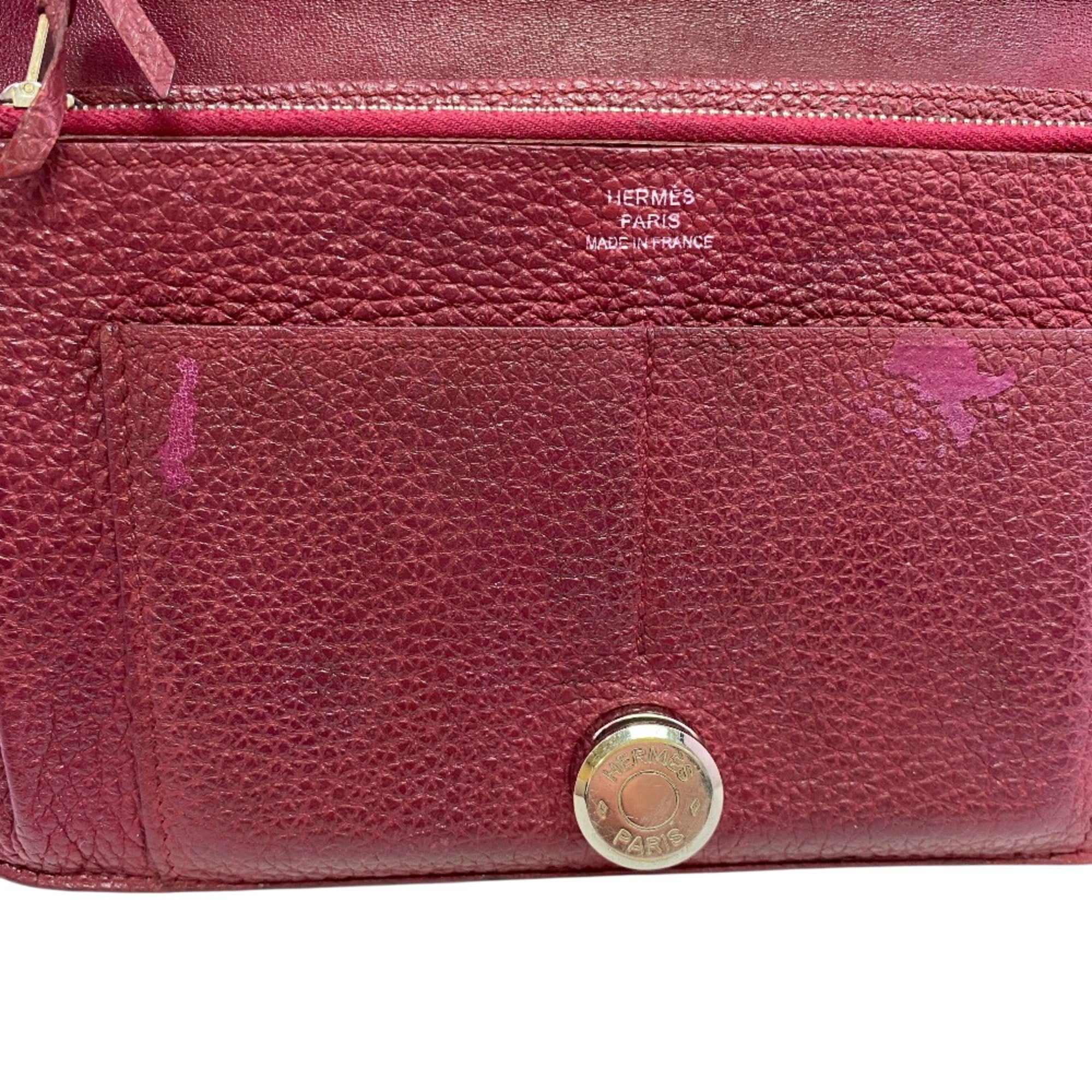 Hermes Red Color Taurillon Clemence Leather Long Wallet (Bi-Fold) (Pre-Owned)