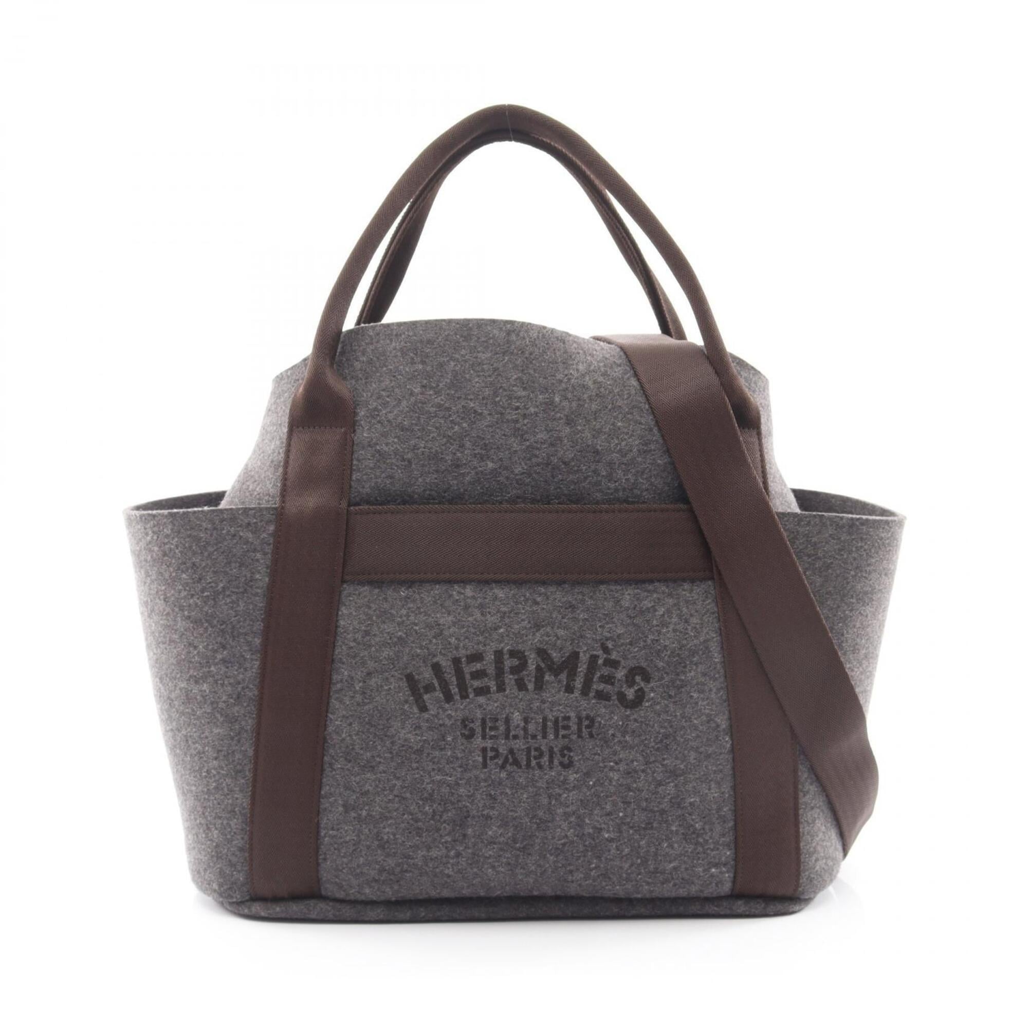 Hermes Brown Ebene Gray Felt Leather Handbag Tote Bag (Pre-Owned)