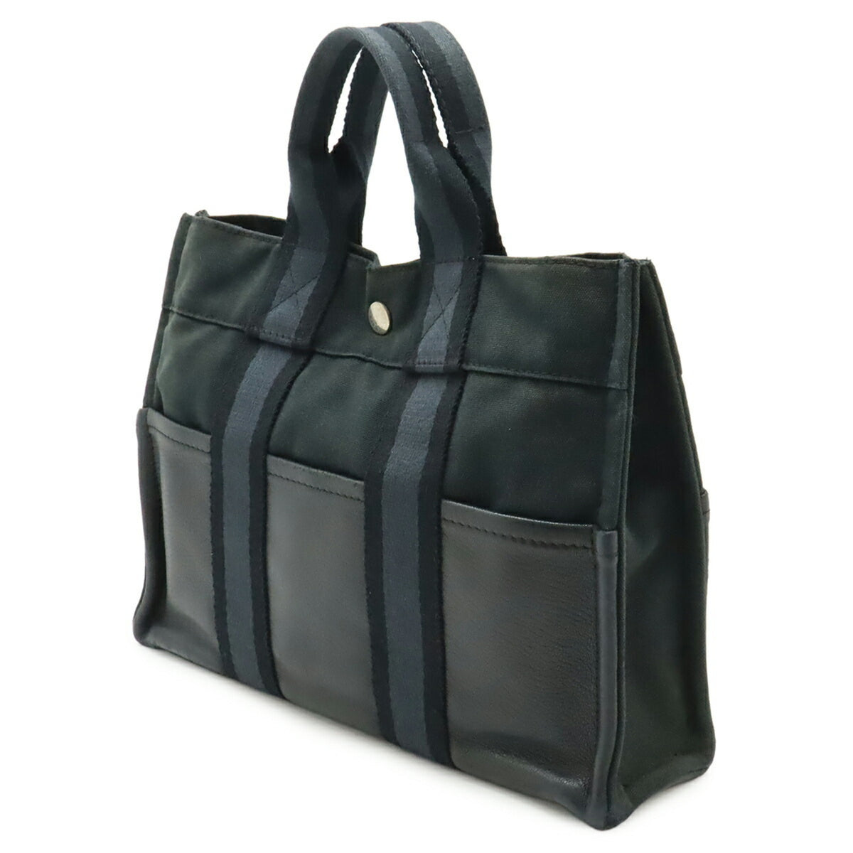 Hermes Black Navy Canvas Leather Handbag Tote Bag (Pre-Owned)