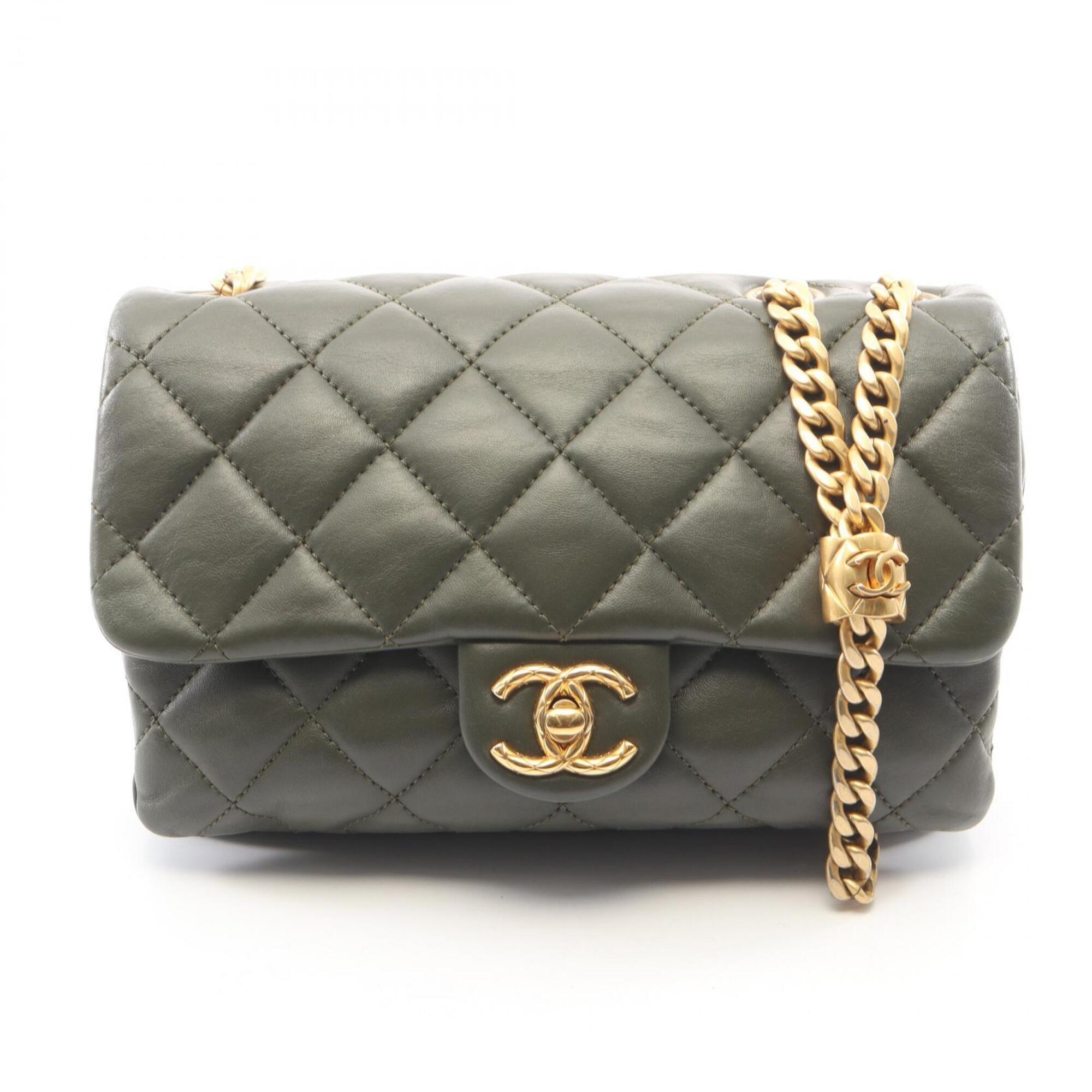 Chanel Khaki Leather Handbag Shoulder Bag (Pre-Owned)