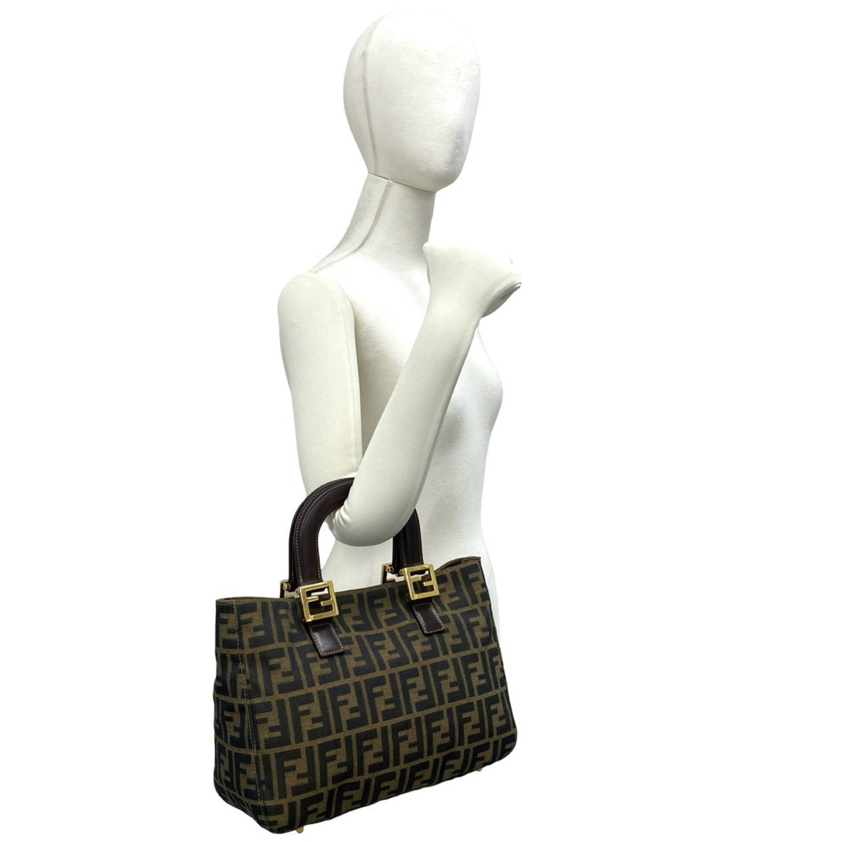 Fendi Black Brown Canvas Leather Handbag Tote Bag (Pre-Owned)