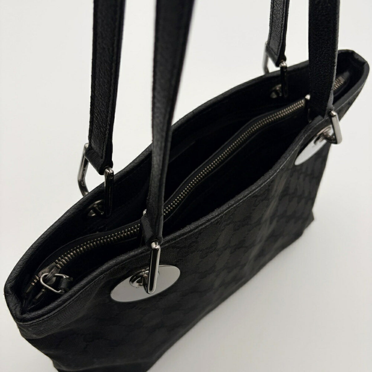 Gucci Gg Canvas Black Gg Canvas Leather Tote Bag (Pre-Owned)