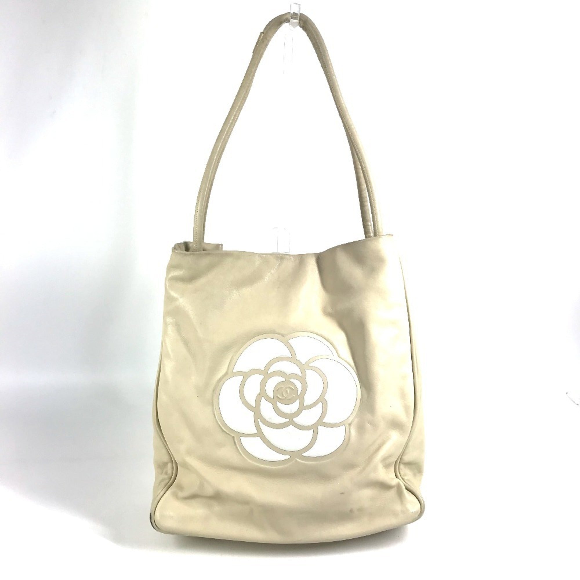 Chanel Beige White Leather Shoulder Bag Tote Bag (Pre-Owned)