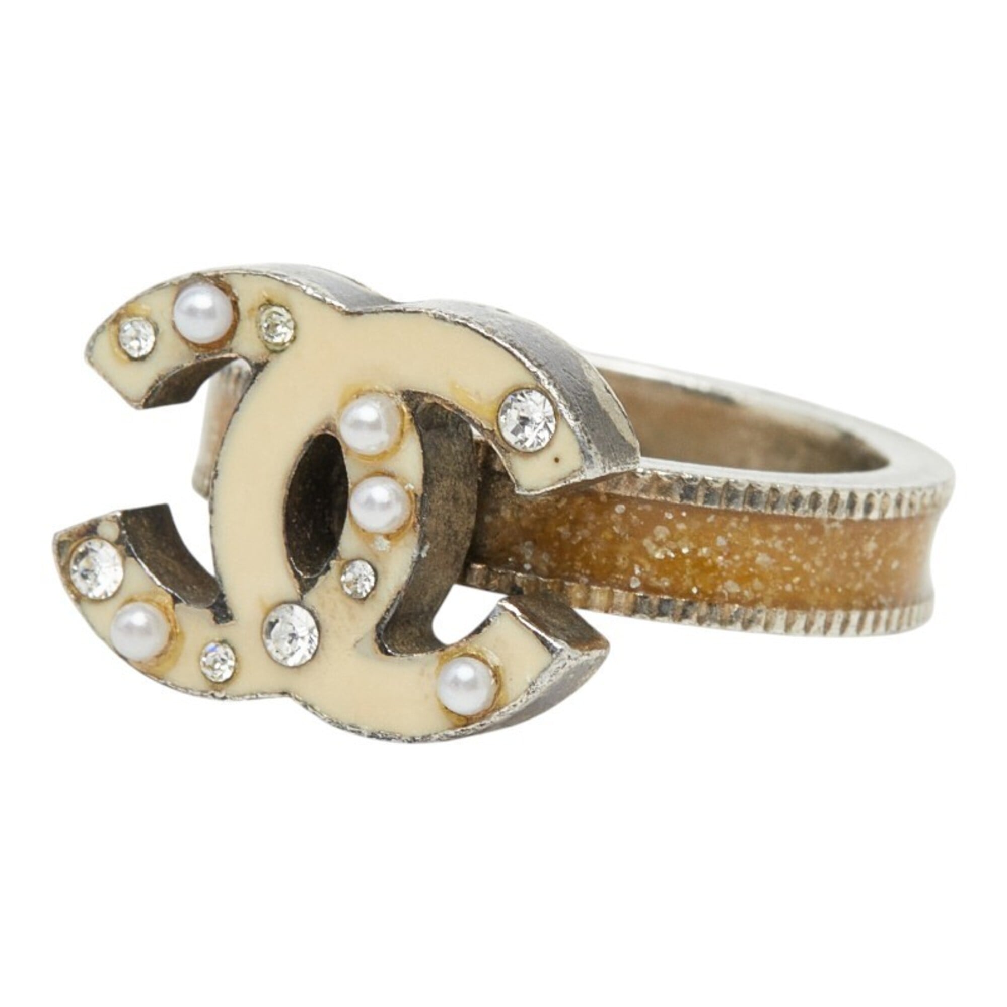 Chanel Silver White Metal Rhinestone Band Ring (Pre-Owned)