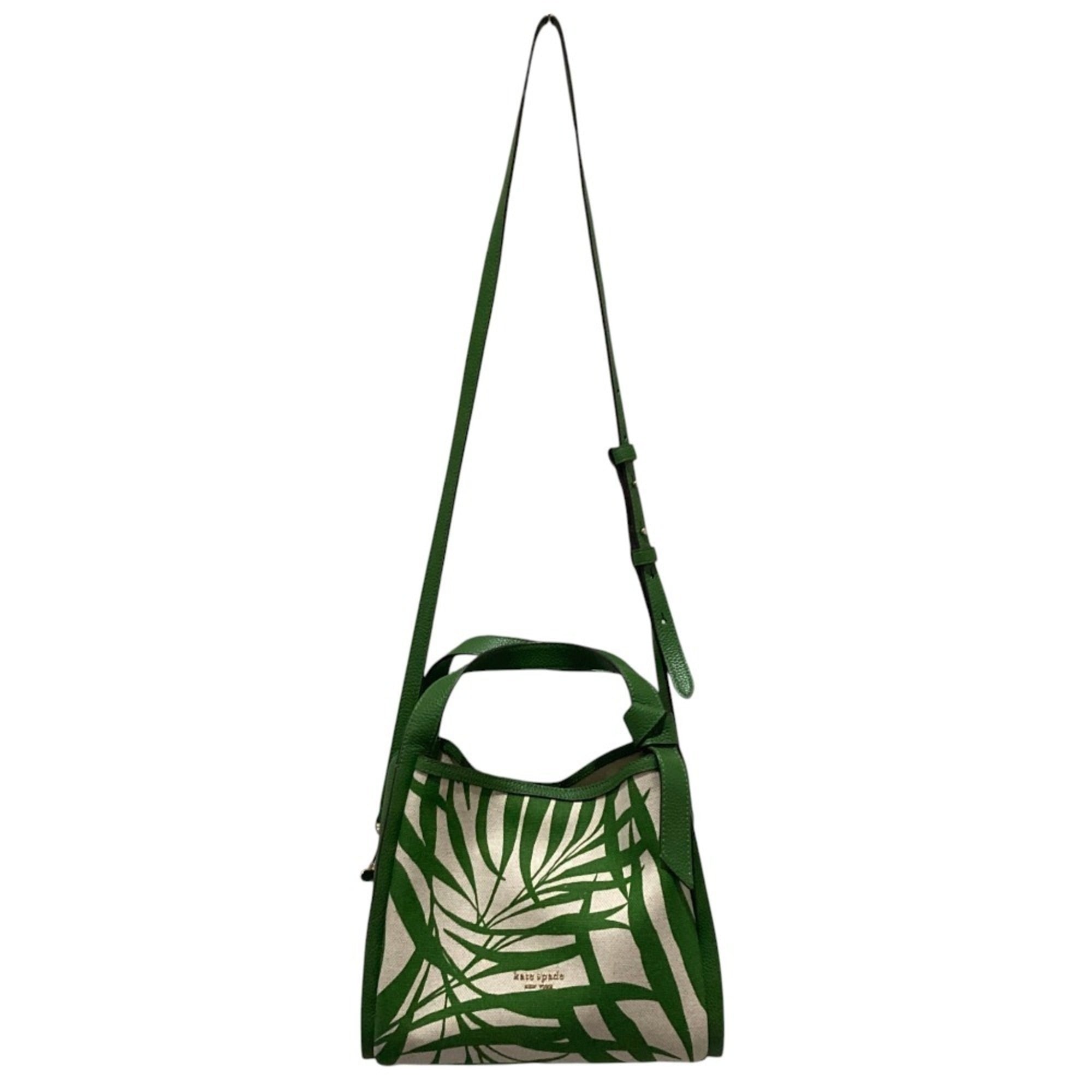 Kate Spade Green Ivory Canvas Leather Handbag Tote Bag (Pre-Owned)