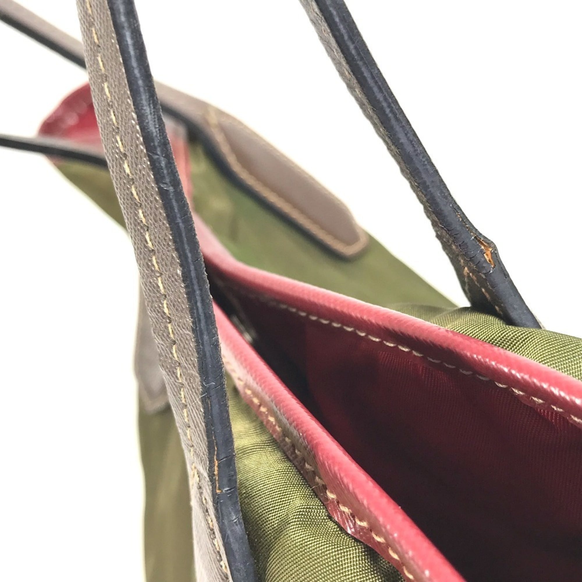Prada Khaki Red Color Leather Nylon Shoulder Bag Tote Bag (Pre-Owned)