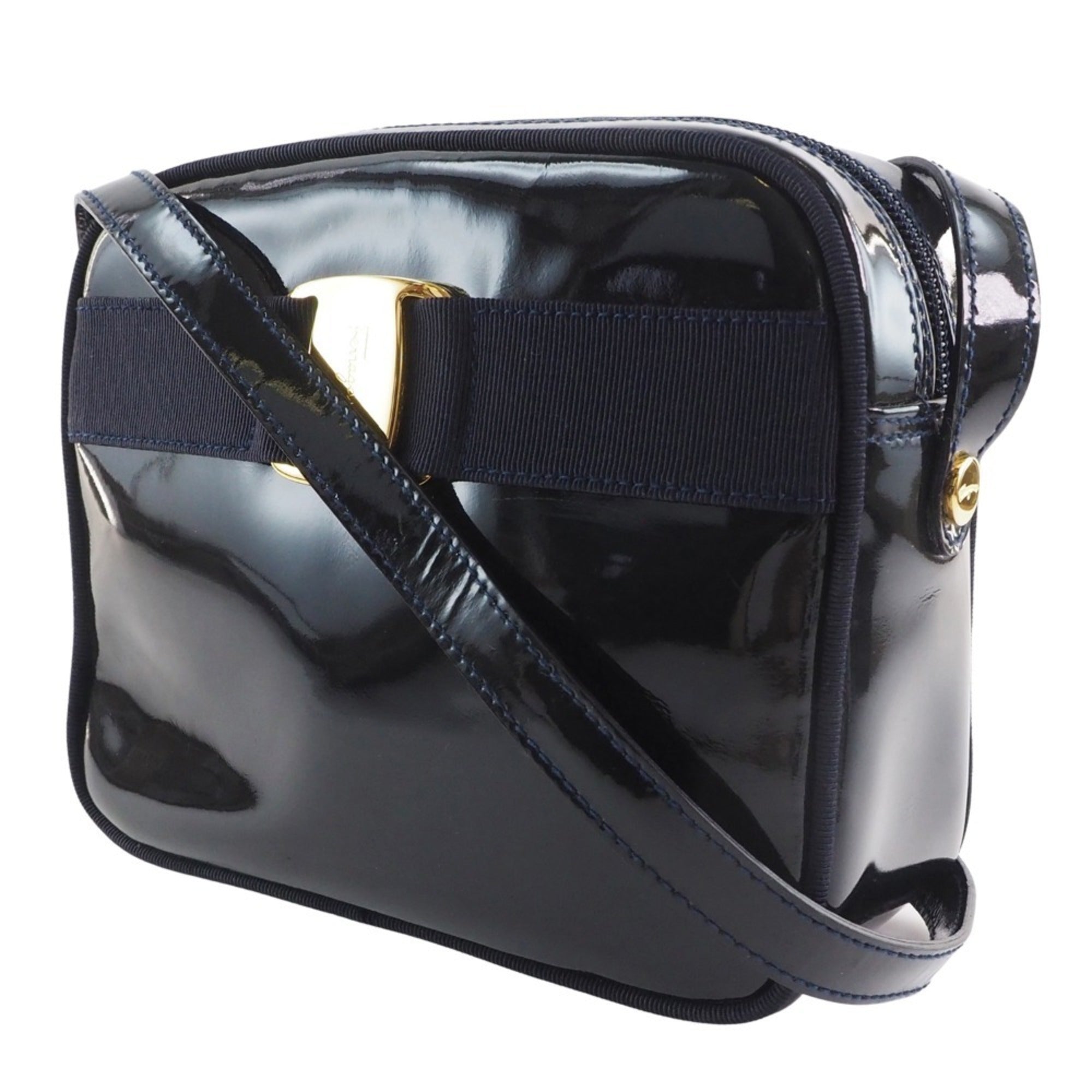 Salvatore Ferragamo Vara Black Patent Leather Shoulder Bag (Pre-Owned)